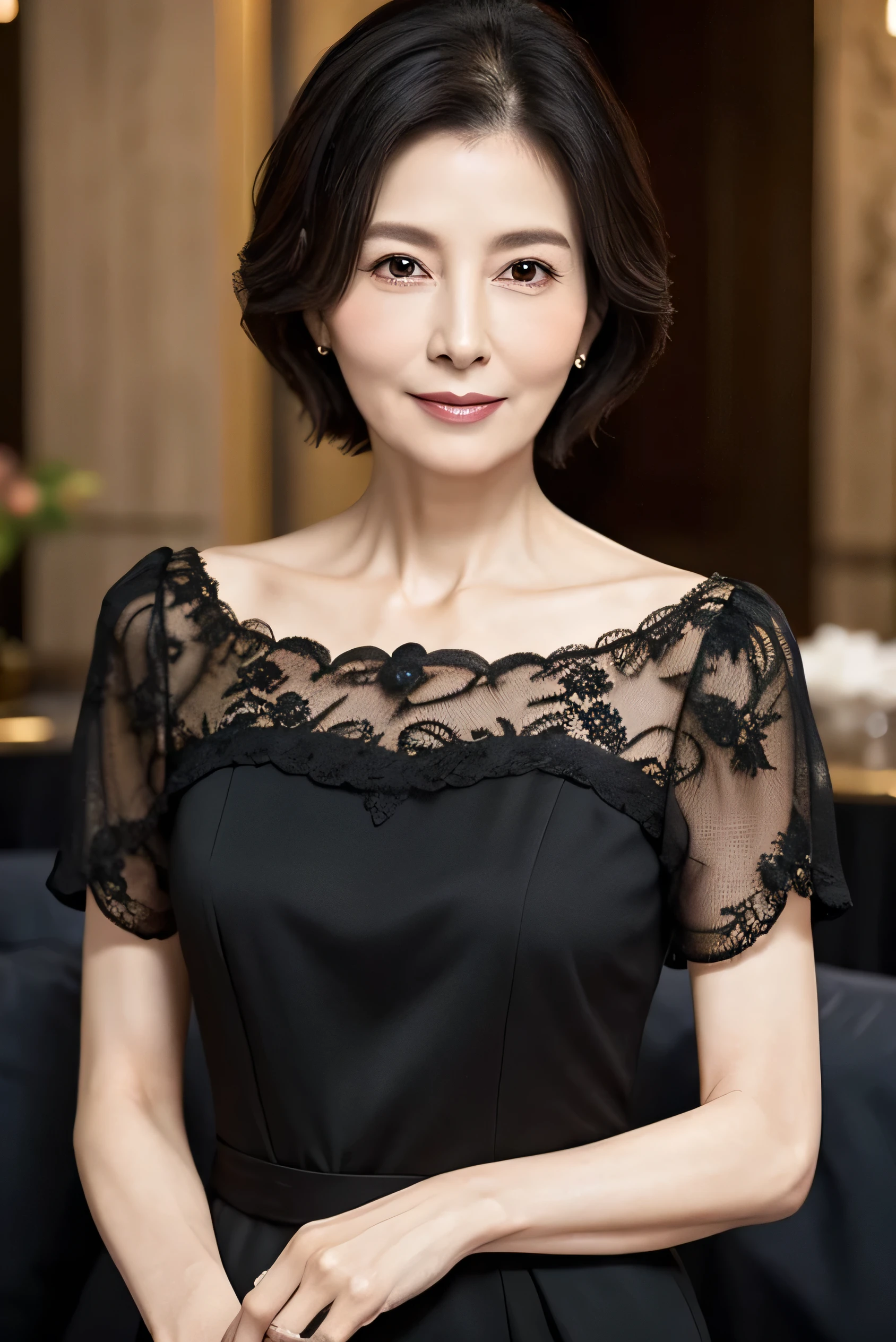 Beautiful mature woman 60 years old 、With black hair、Thin、 wears elegant clothes and 、 has a perfect face