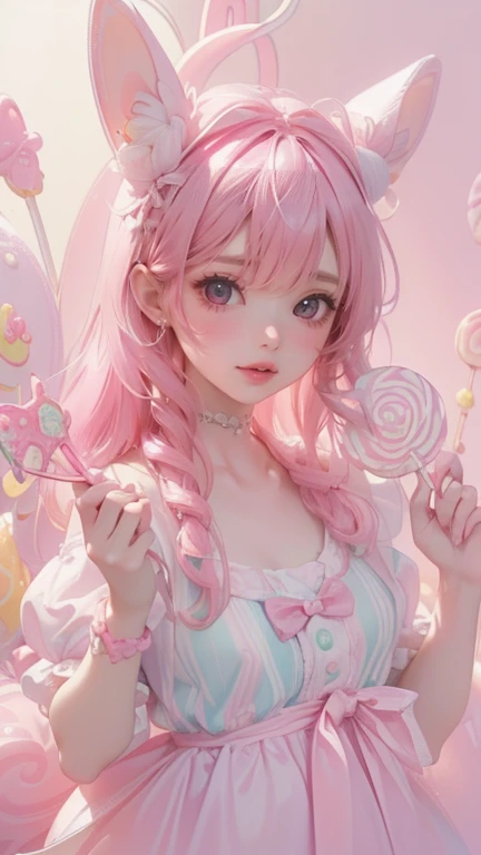 a hot and sexy japanese girl wearing pink dress made up of cotton candy completely, there are holes in her dress due to melting of cotton candy dress, she is taking a bite of cotton candy by tearing it from her dress, sexy, seductive, erotic, it is also raing a little bit in which the cotton candy dress is disolving