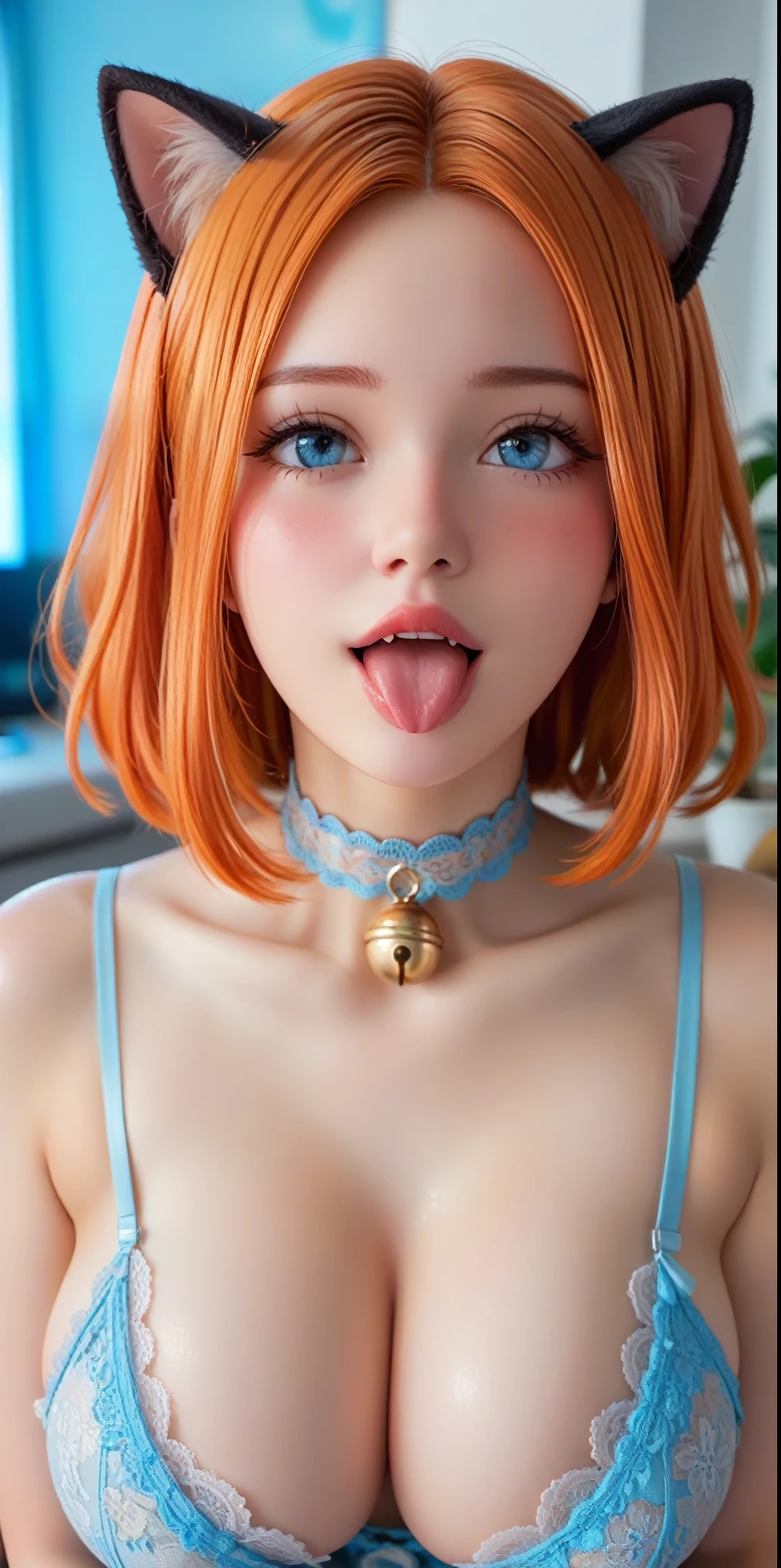 Adult, female, mature, very shy and blushing, cute big eyes, orange hair, short bob hair, cat ears, choker with bell, shaggy hair, big silver eyes, voluminous bangs, parted bangs, long hair with bangs, hair in the eyes, perfect blue eyes, perfect blue irises, voluptuous body, big boobs, plump lips, slender figure, thin strap blouse, her big breasts press, generous neckline tight on the blouse, front view of the living room, techno, at night, in cyber decor, sexy woman, very flushed, AHEGÃO's expression, tongue out, she is very hot and naughty, fangs, very blushing with shyness, seductive, close up, (Masterpiece, Anatomically Correct, Accurate, Best Quality, Detail, High Details, Quality, Super Detailed, High Quality, Skin Detail, Amazing Skin Detail), (SuperQuality:1.0) ~ (SuperQuality:1.2)