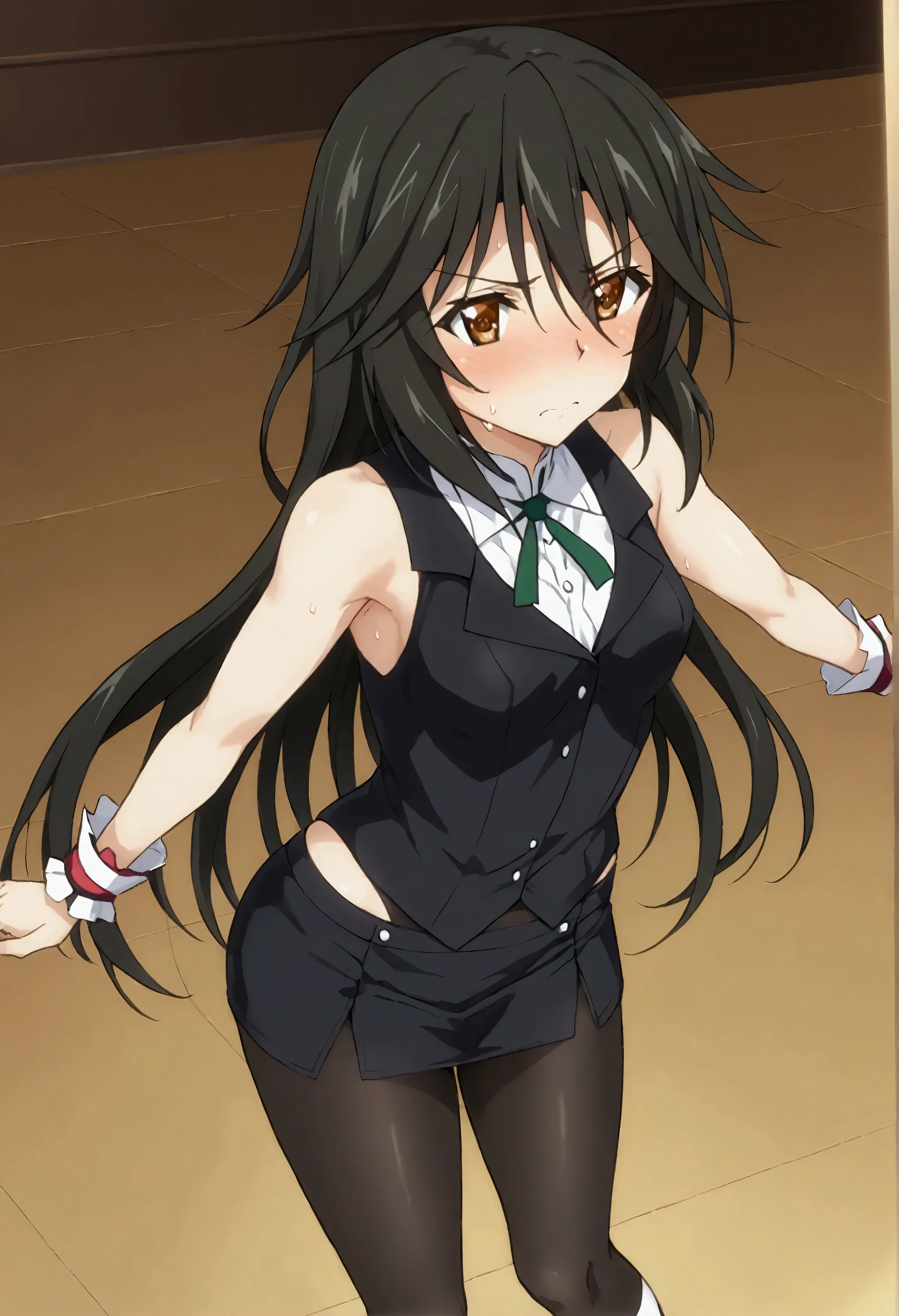 NSFW,masterpiece,Best Quality,High resolution,Very detailed,Chifuyu Orimaru\(Infinite Stratos\),Long Hair、bangs、Black Hair、Hair between the eyes、 Brown Eyes ,Body tights,High leg,Sleeveless, micro mini skirt ,Knee-high socks,sweat,Embarrassed,blush,Fantasy World,Adventurer&#39;s Guild,counter