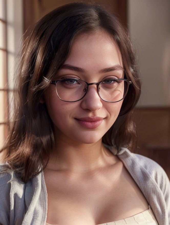 A smart college student with thick-framed glasses, yet possessing extraordinary charm. Often seen engrossed in her research, but always makes time to help her friends, beautiful detailed eyes, beautiful detailed lips, extremely detailed eyes and face, long eyelashes, portrait, young woman, academic, research, glasses, brainy, helpful, warm smile, soft lighting, muted colors, detailed background, (best quality,4k,8k,highres,masterpiece:1.2),ultra-detailed,(realistic,photorealistic,photo-realistic:1.37)