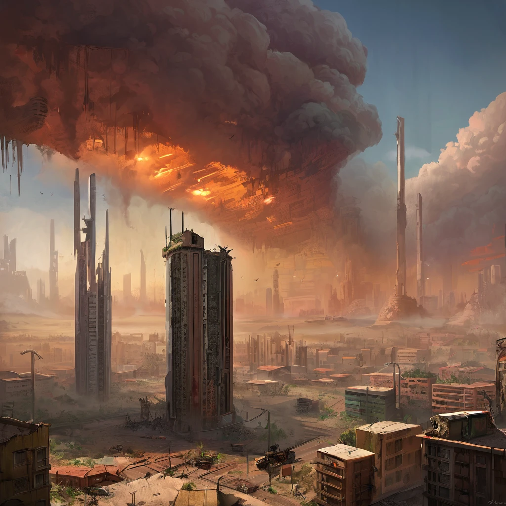 image of the view from inside the balcony of a tall circular tower in the center of a post-apocalyptic North American megalopolis, Vision of the whole city, a cidade tem tons de cinza, has smoky structures, carros abandonados nas ruas, apocalipse, vegetation taking over the buildings, estilo madmax, uma garota linda e com roupas estilo madmax andando na rua ao longe, desert megalopolis, as realistic as possible, as detailed as possible