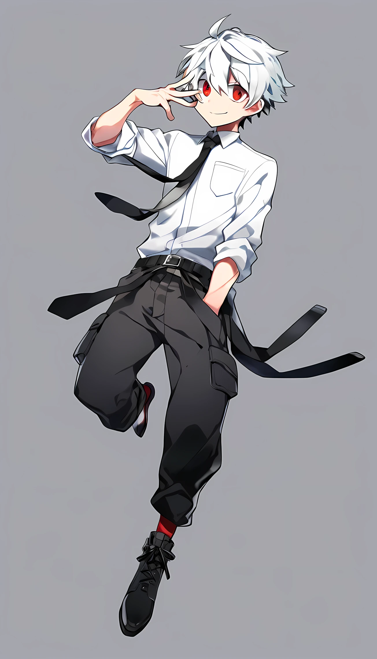 ((character design)) ((Design simples)) ((perfect anatomy)) 1 male, short messy white hair, bangs between the eyes, red eyes, white shirt with rolled up sleeves messy black tie baggy black cargo pants, belt around the waist, big black boots, red boxers discreetly showing just above the belt, relaxed expression smile corner of mouth one eye closed, a relaxed but provocative pose 