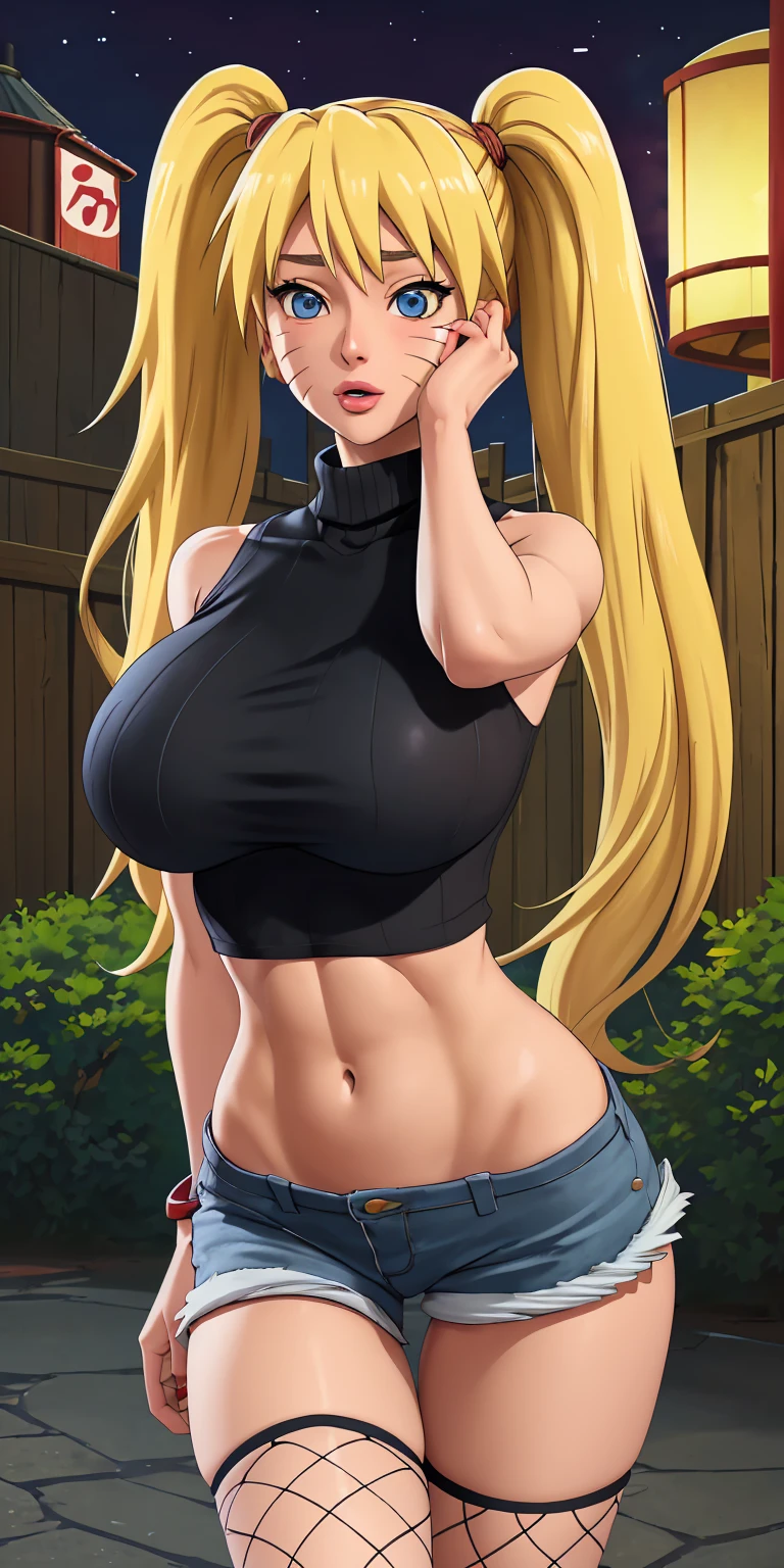 masterpiece, best quality, extremely detail 8k cg, high resolution, 1girl, mature female, Turtleneck_SexyJusuNaruto_Naruko_ownwaifu, 1girl, blonde hair, naruko \(naruto\), twintails, long hair, facial mark, whiskers, whisker markings, blue eyes, large breasts, hair between eyes, bangs, midriff, denim shorts, crop top, turtleneck, sleeveless, fishnet thighhighs, bare shoulders, collarbone, titsonastick, beautiful face, night time, konohavillage, outdoors