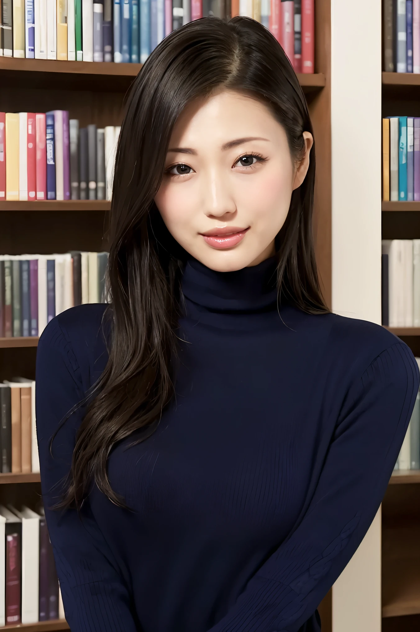 (Best Quality、Tabletop、8k、Award-winning works、Ultra-high resolution、Best Quality)、(cute:1.3)、(  PERFECT DARK NAVY TIGHT KNIT TURTLENECK SWEATER:1.3)、(Large Breasts:1.2)、(slender:1.1)、library、(Standing gracefully:1.1)、(Strongly blurred background:1.1)、Stand next to a bookshelf、(Perfectly organized bookshelf:1.1)、Background Bookshelf、A cozy library、lipstick、Long eyelashes、(Perfect Makeup:1.1)、Soft and warm lighting、Detailed bookshelf、(Ultra-high resolutionの正確な美しい髪:1.1)、(most elegant straight long hair  :1.2)、(Accurate anatomy:1.2)、Ultra-high definition beautiful eyes、(Super bright and radiant skin:1.1)、(Face close-up:1.1)、(Expressionless:1.2)、艶やかなlipstick