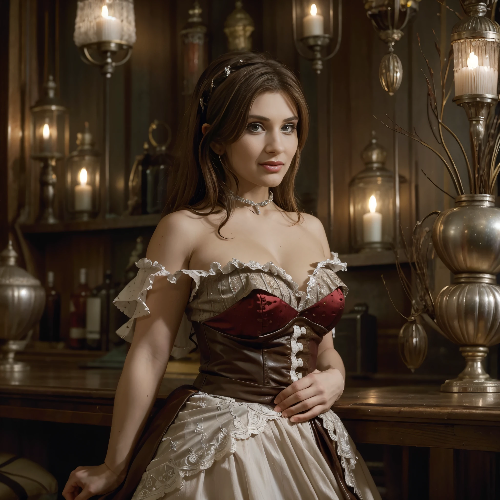 beautiful lady wearing a wrecked Victorian  dress, surrounded by antiques, gaslights, masterpiece, best quality, 8k, tatiana.milovani