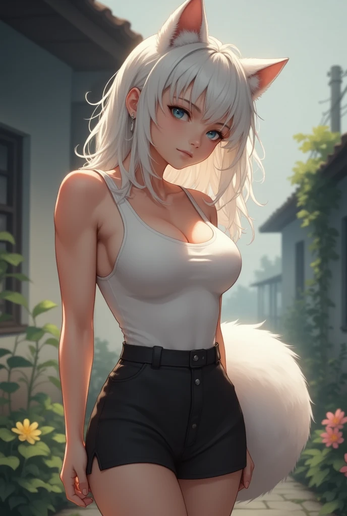 Semi-realism, Solo, Woman, standing , white tank top, black miniskirt, white hair, white cat ears, white furry fox tail, garden background, detailed clothing, realistic lighting, volumetric fog, dramatic moody lighting, vibrant colors, stunning 4k, highly detailed, photorealistic, masterpiece