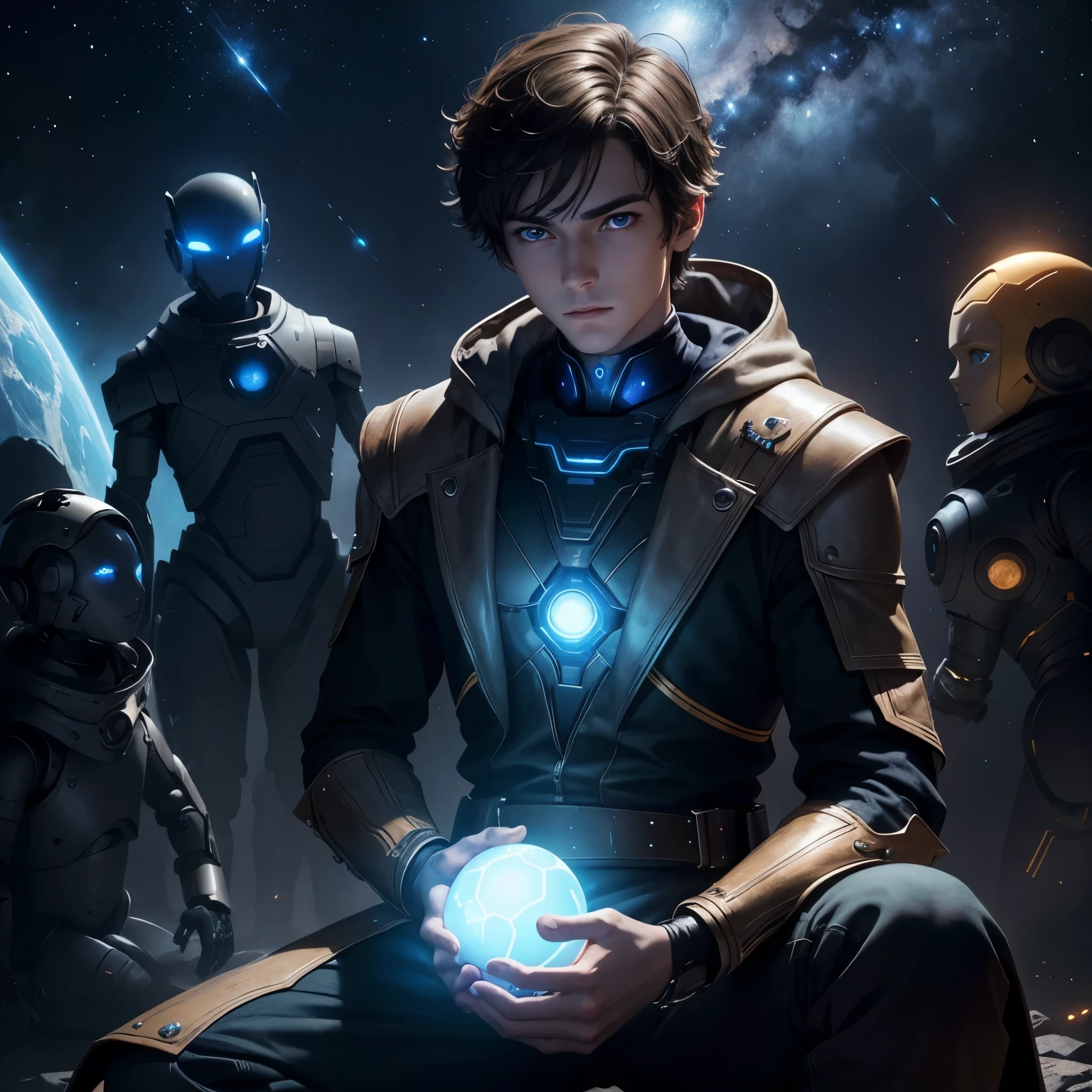 Draw a young programmer sitting on a technological bench in a square surrounded by several humanoid robots glowing with fiery auras, Dramatic lighting from distant stars and planets illuminates the scene, casting deep shadows on the costume, Holding an orb of blue light in one hand, The young man looks confident and determined, his blue eyes clearly visible