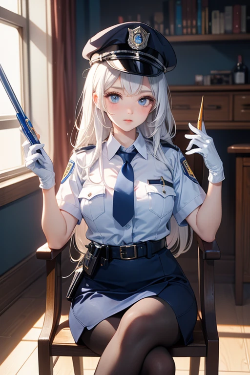 (masterpiece), 4K,woman,I have a pen,policewoman,Police,hat,Small breasts,Small Ass,Bobcut,Light bulb lighting,Realistic, skinny, Amis Stockings,smile,Sit on a chair,((Knee-length pencil skirt)),