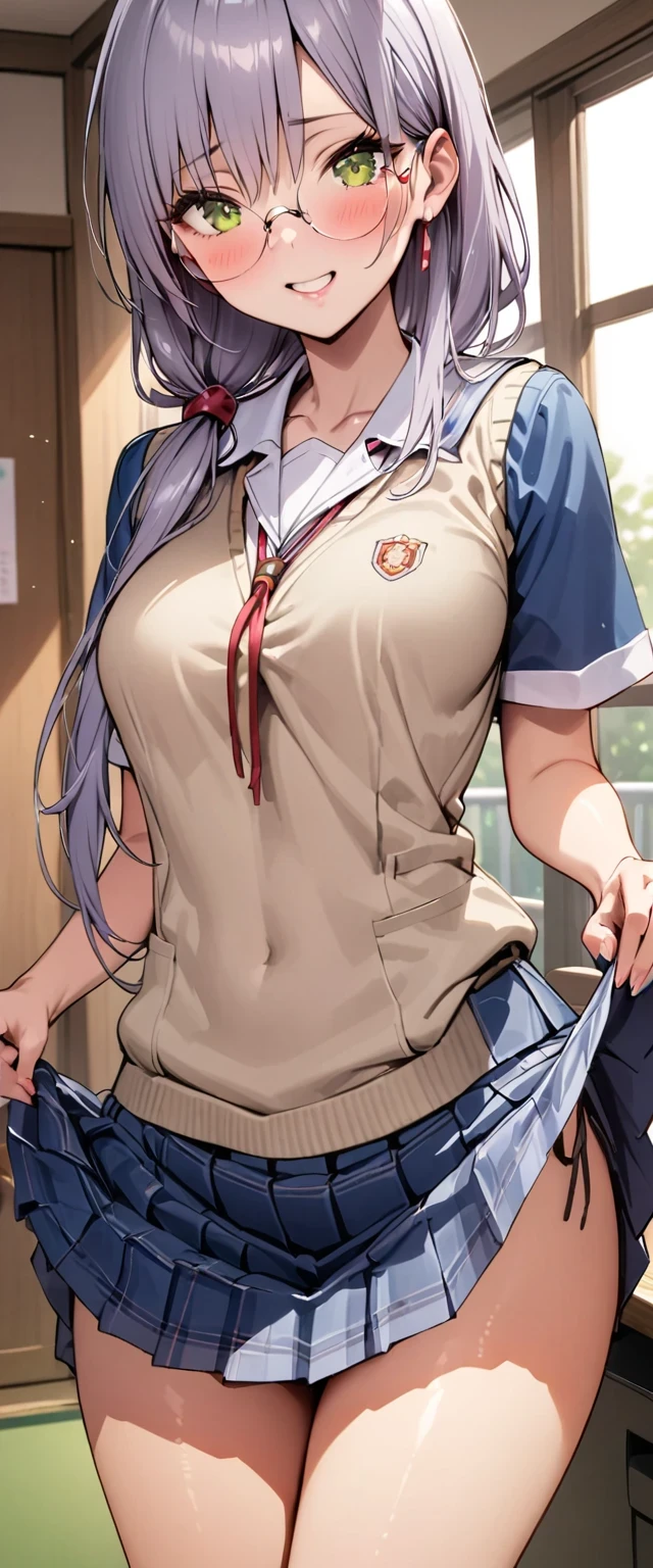 (masterpiece,highest quality,超A high resolution),japanese woman, (((Very beautiful 25 year old girl))), pretty girl、look at the photographer、 ((beautiful low ponytail)), super cute face, glossy lips, double eyelids in both eyes,natural smile、 natural makeup, long eyelashes, Shiny and smooth hair、center image, perfect limbs, perfect anatomy,(((school uniform))、School,glasses,blush,lift up skirt