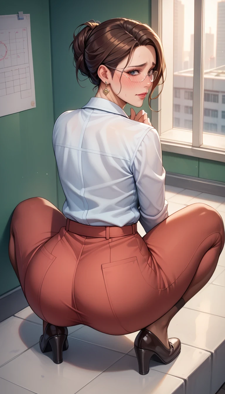 Score_9, Score_8_up, Score_7_up, Score_6_up, Score_5_up, Score_4_up, Source_anime, Tag1, Tag2, Best quality, High quality, Detailed, High resolution, 8k, Ultra high res, Soft saturation, Professional quality, Perfect contrast, Perfect litthing, Anatomically correct, Huge breasted, Wide hips, Gargantuan butt, Sensual woman, mature female, milf, motherly, Embarrassed, shy, seductive BREAK high-angle view, fully clothed, Squatting, Spread legs, leaning back, arched back, leaning backward