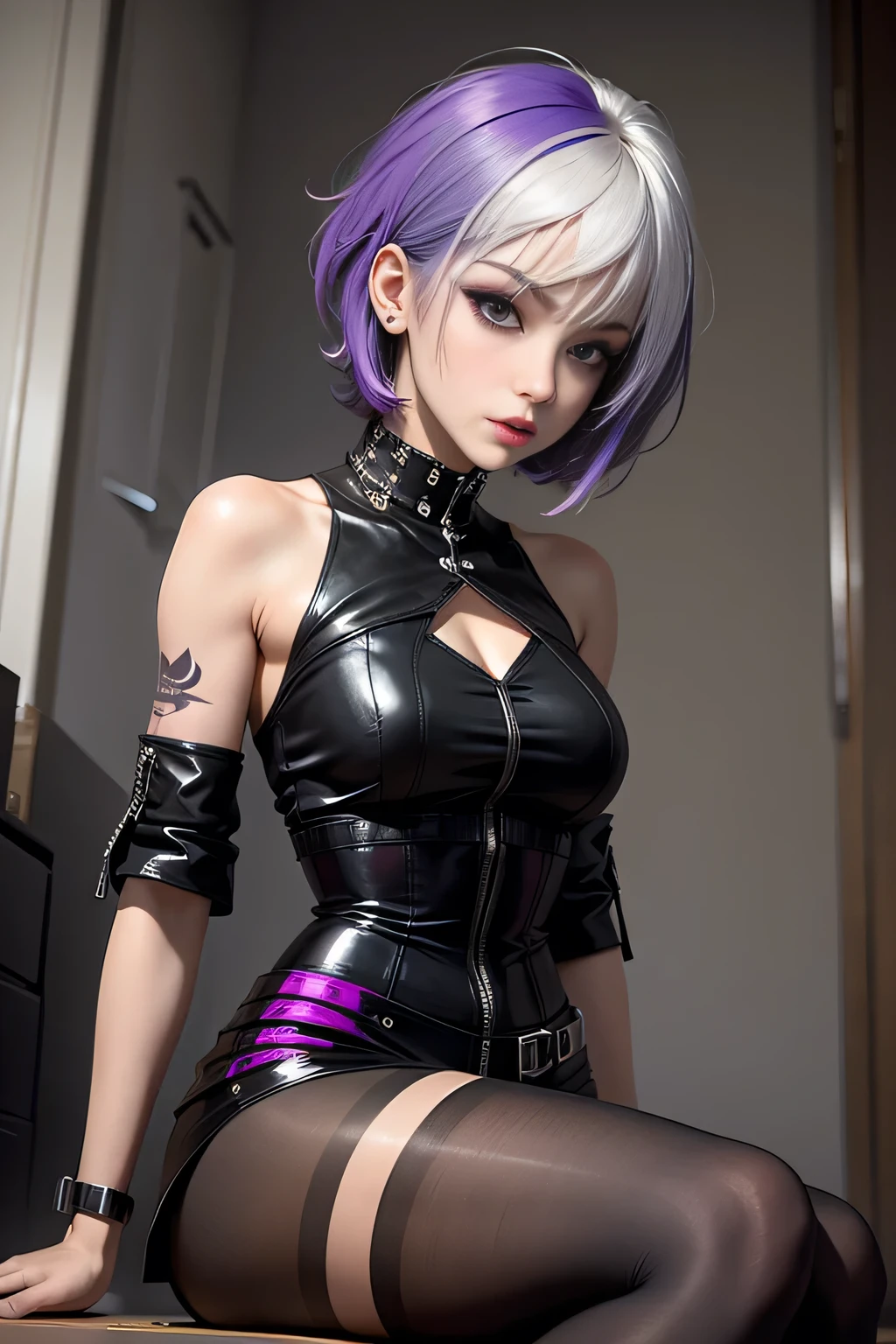 Masterpiece, best quality, detail, depth of field, ultra-realistic, realistic face and eyes, realistic skin texture, cinematic lighting, eyes to see the audience. 1 girl, solo, (frown, closed mouth), keqing_\(genshin_impact\), purple_eyes, purple hair, double tail, sharp eyes, serious face, gloves, black stockings, outdoor, purple lightning, fileg, lightning glowing sword, purple lightning, upper body

This super beautiful girl with white short bob hair and gothic lolita style is、It has a unique charm and sophisticated beauty.。Her appearance is、Her presence and charm in the world of Gothic Lolita fashion are fused together.、It&#39;s a fascinating and mysterious sight.。