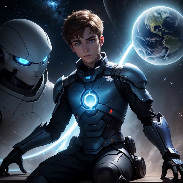 Draw a young programmer sitting on a technological bench in a square surrounded by several humanoid robots glowing with fiery auras, Dramatic lighting from distant stars and planets illuminates the scene, casting deep shadows on the costume, Holding an orb of blue light in one hand in the air, The young man looks confident and determined, his blue eyes clearly visible