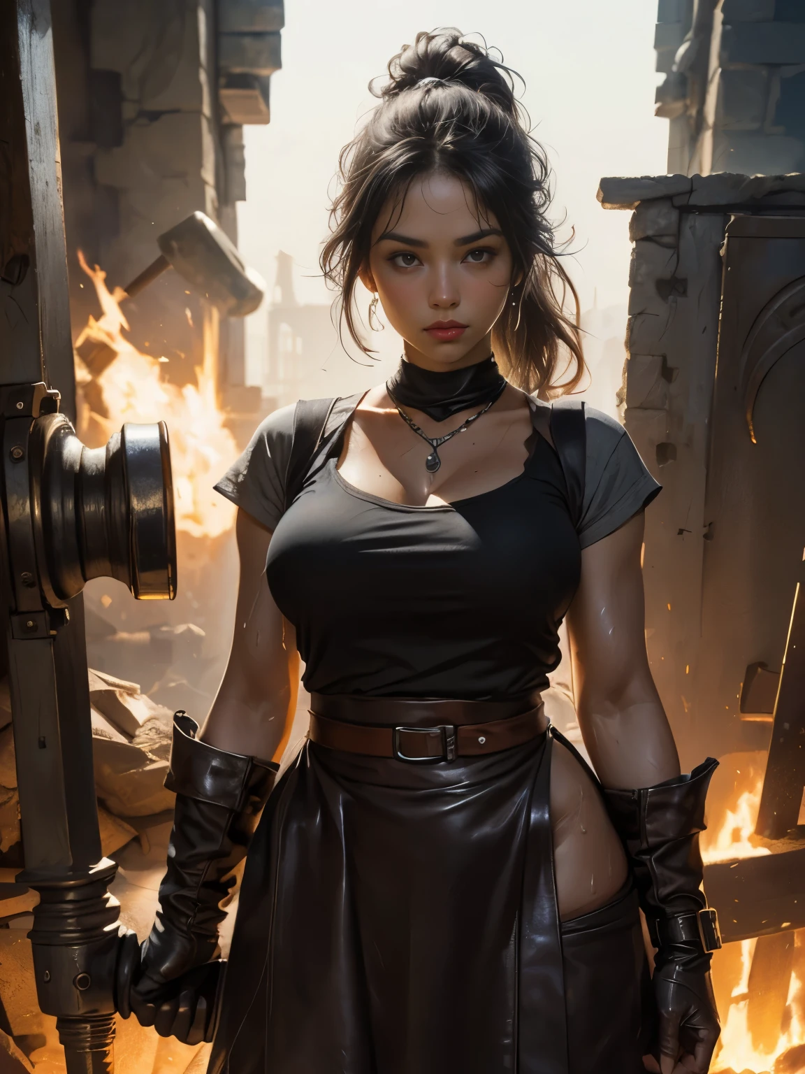 ((Medieval fantasy setting)). score_9, score_8_up, score_7_up, score_6_up.
(1 girl:1.2), (blacksmith:1.4), full body, tall, (strong build:1.3), muscular, (natural beauty:1.2), rounded shapes, (large breasts:1.3), athletic hips, (elastic buttocks:1.2), light skin, (slight blush:0.9), (sweat on body:1.5), brown eyes, (red tints:1.2), straight nose, (defined lips:1.2), (long brown hair:1.1), rough ponytail, (working in the forge:1.3), wearing (leather apron:1.6), (apron on naked body:1.6), (plunging neckline:1.4), (protective leather gloves:1.2), standing pose, (bent over anvil:1.3), (holding hammer:1.5), (hammer raised to strike:1.4), (dark forge background:1.4), high quality, (4k resolution:1.6), ultra-detailed, sharp focus, medieval fantasy, oil painting style, Peter Paul Rubens