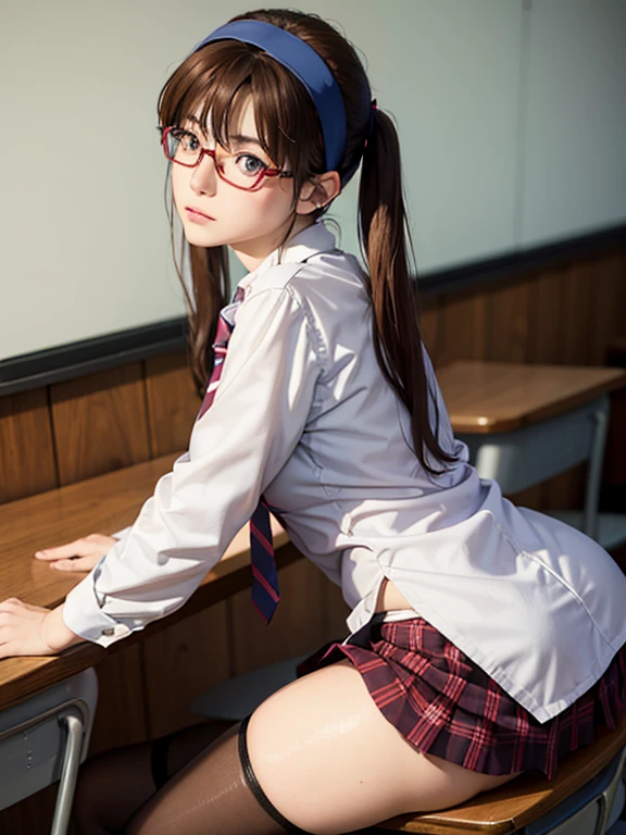 ((fall on one's butt with open legs:1.2, She shyly holds down her skirt:1.2, Embarrassed look)), Lucky Happenings, ((In the classroom)), BREAK. 1girl, Mari Makinami, naked, blue big eyes, brown hair, thick red rimmed glasses, headband, twintails, dress shirt, plaid skirt, pantyhose, school uniform, thighhighs, necktie, Slightly slim Beautiful figure, parted bangs, (Teddy Bear), ((masterpiece)), (anime realistic), High resolution, Best Quality, artistic photography, Super detailed, (high quality texture:1.2), RAW photos 