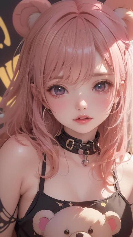 (Masterpiece, BestQuality:1.3), (ultra detailed:1.2), (hyperrealistic:1.3), (RAW photo:1.2), High detail RAW color photo, professional photograph, (Photorealistic:1.4), (realistic:1.4), (Pink Hair:1.5), professional lighting, perfect anatomy, (Big Breasts:1.2), (blush, detailed face), (A happy smile:1.7), Trending Hair&Trending Hairカラーをランダムに, earrings, necklace, bracelet, sexly, erotic sexly, Random sexy gravure poses, (A beautiful woman wearing a black leather corset、Smiling seductively in the club's VIP room。With short hair、sit cross-legged、A sexy pose with her hands pulling down her corset to reveal her chest and winking provocatively.。:1.3)