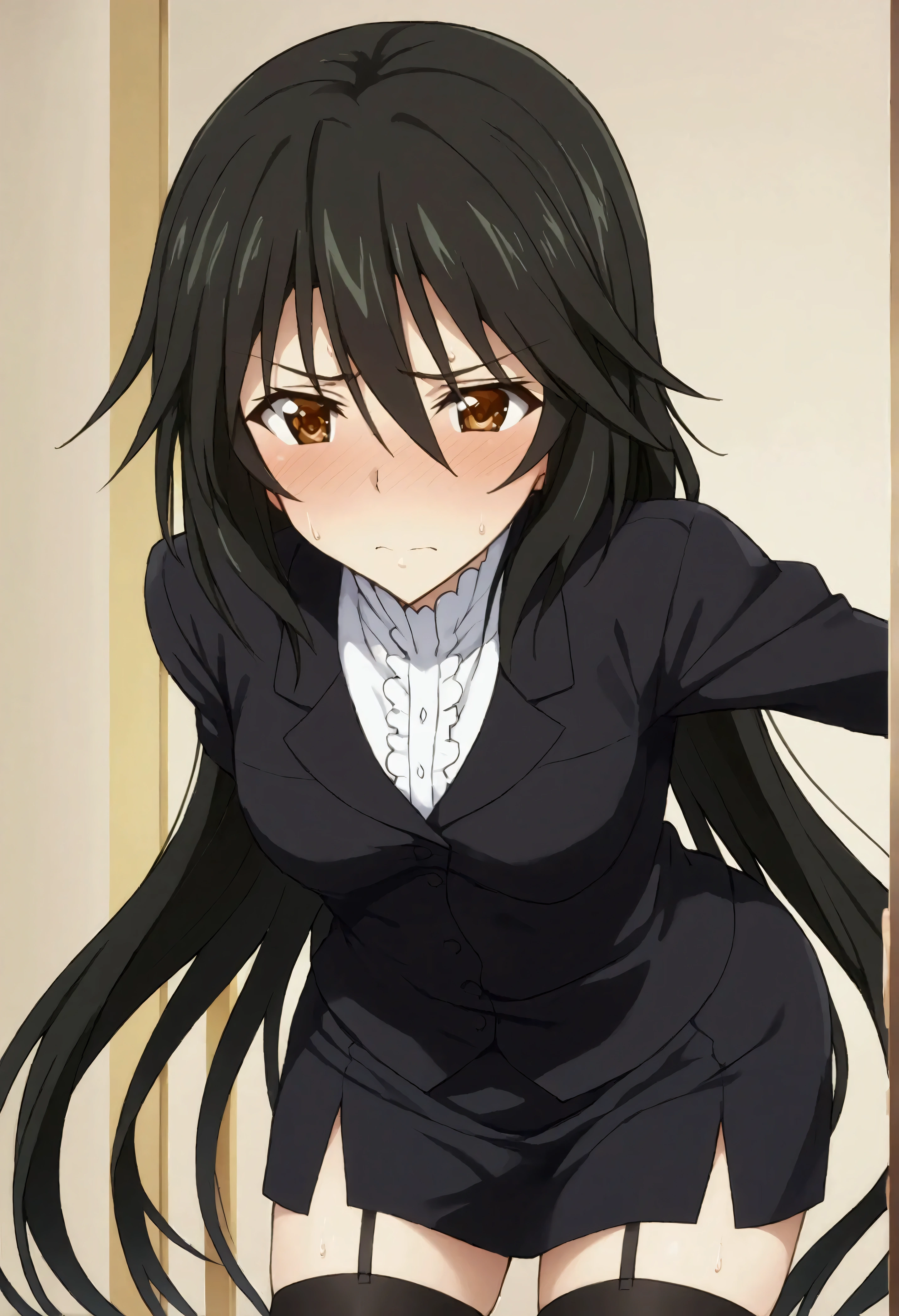 NSFW,masterpiece,Best Quality,High resolution,Very detailed,Chifuyu Orimaru\(Infinite Stratos\),Long Hair、bangs、Black Hair、Hair between the eyes、 Brown Eyes ,Body stockings,sweat,Embarrassed,blush