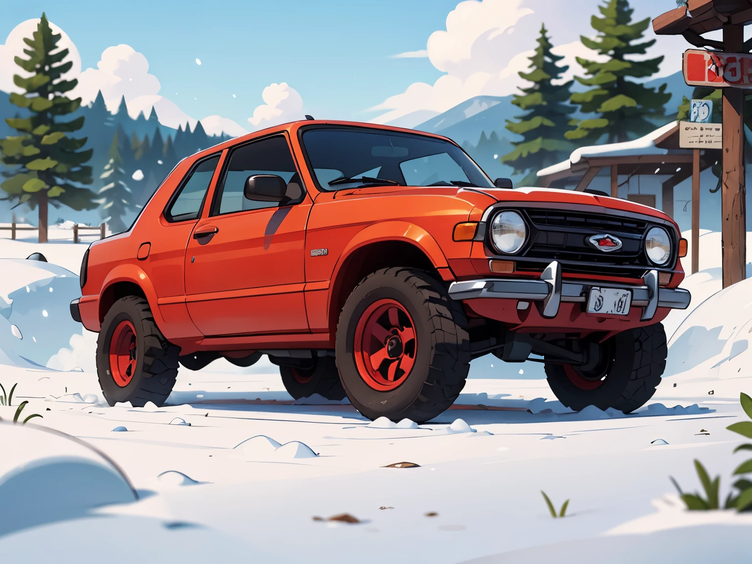 octa rendering、( hyper detail : 1.2)、(Soft light、sharp: 1.2)、morning、Snow trails、Snow trails，Very small old red modified light car ，Front spoiler，Rear wing，Over fender，Very short dress、Cute young girl，Driving a car， dynamic driving experience，winter，winter Rally，Fast and Agile，Jump，sneakers， anatomically correct ，Laughter，Dazzling Light，It will happen:1.2，Tamiya box art:1.2，