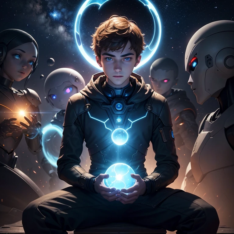 Draw a young programmer sitting on a technological bench in a square surrounded by several humanoid robots glowing with fiery auras, Dramatic lighting from distant stars and planets illuminates the scene, casting deep shadows on the costume, Holding an orb of blue light in one hand in the air, The young man looks confident and determined, his blue eyes clearly visible