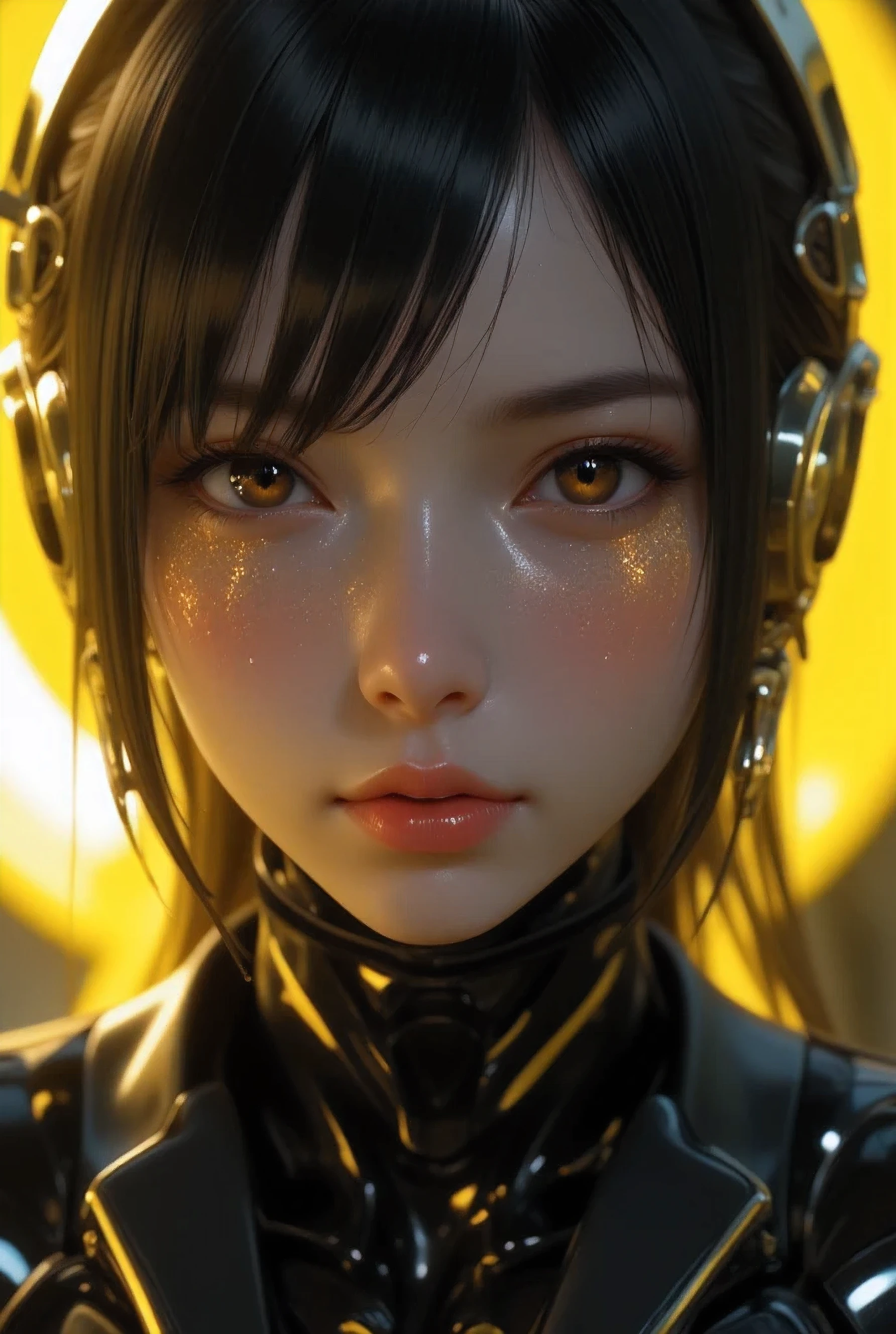 80’s glam rock makeup on shiny android face, anime, 2.5D, Glittery face, moody lighting, (yellow and black palette), iridescent face, abstract ai model, pretty, sexy, minimal, sleek, slender, asian, elegant, chic, futuristic, retro, sophisticated half human half machine, close up face portrait,
