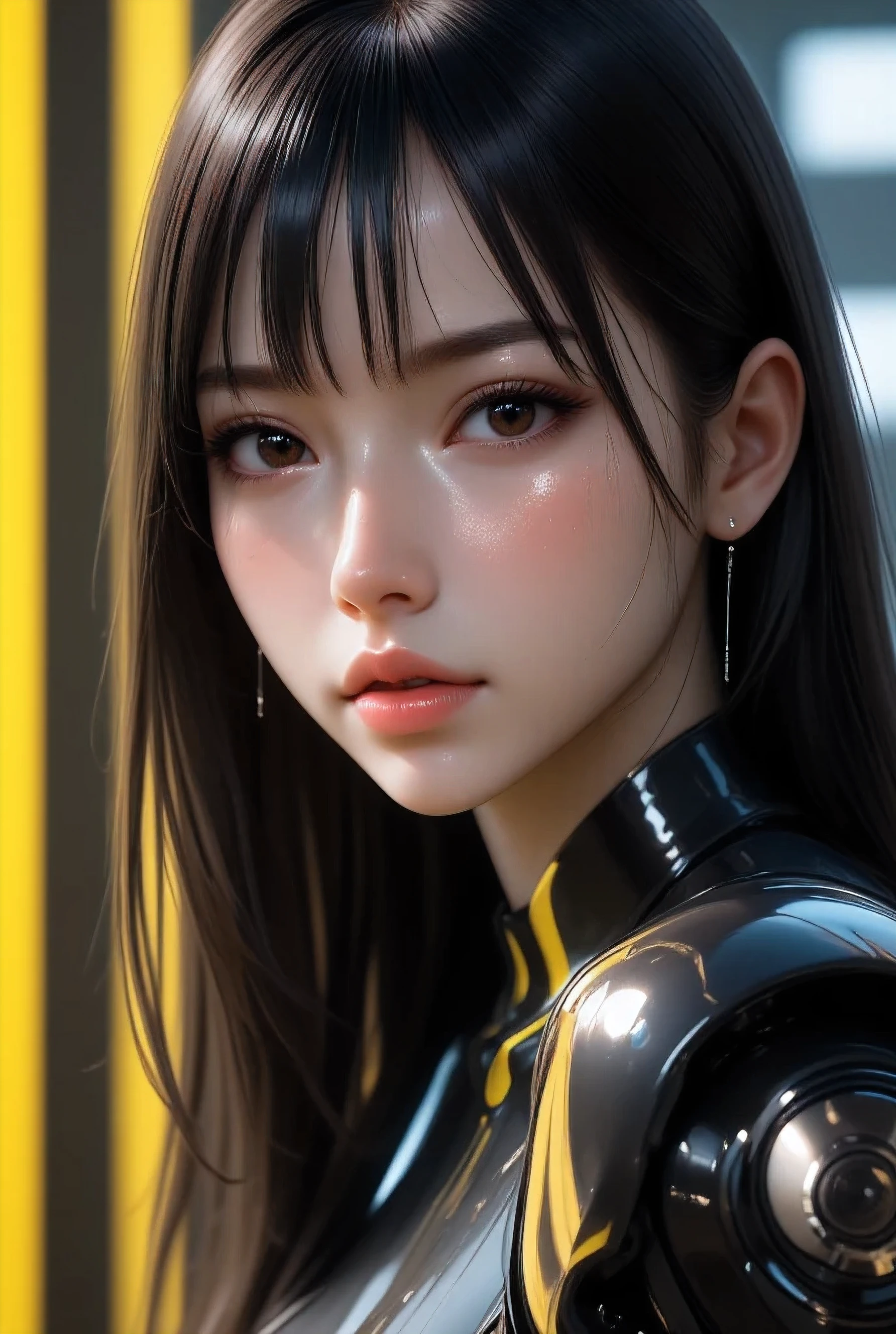 80’s glam rock makeup on shiny android face, anime, 2.5D, Glittery face, moody lighting, (yellow and black palette), iridescent face, abstract ai model, pretty, sexy, minimal, sleek, slender, asian, elegant, chic, futuristic, retro, sophisticated half human half machine, close up face portrait,