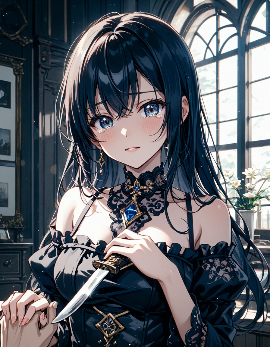 (masterpiece, Best Quality:1.2, Perfect Anatomy), Front angle;1.4, Alone:1.3, 1girl:long black hair:1.2\ simple black dress\knife:1.3\少女はknifeを握っている:1.3\ holding both hands , Bloodstain:1.4), Tears, Beautiful expression of tears, focas :Chest, focus:knife,   dark metallic room with both hands, Near future, SF:1.2, Beautiful illustrated lines