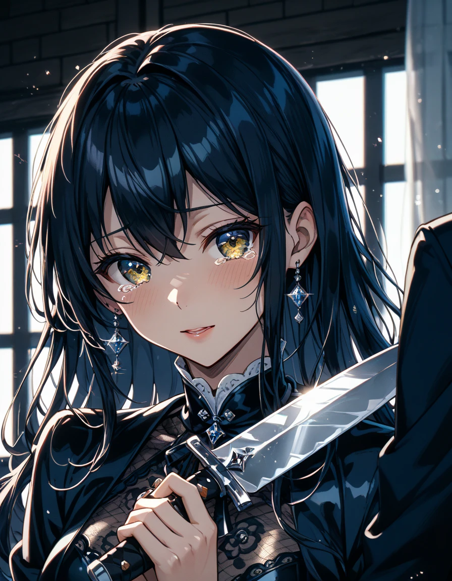 (masterpiece, Best Quality:1.2, Perfect Anatomy), Front angle;1.4, Alone:1.3, 1girl:long black hair:1.2\ simple black dress\knife:1.3\少女はknifeを握っている:1.3\ holding both hands , Bloodstain:1.4), Tears, Beautiful expression of tears, focas :Chest, focus:knife,   dark metallic room with both hands, Near future, SF:1.2, Beautiful illustrated lines