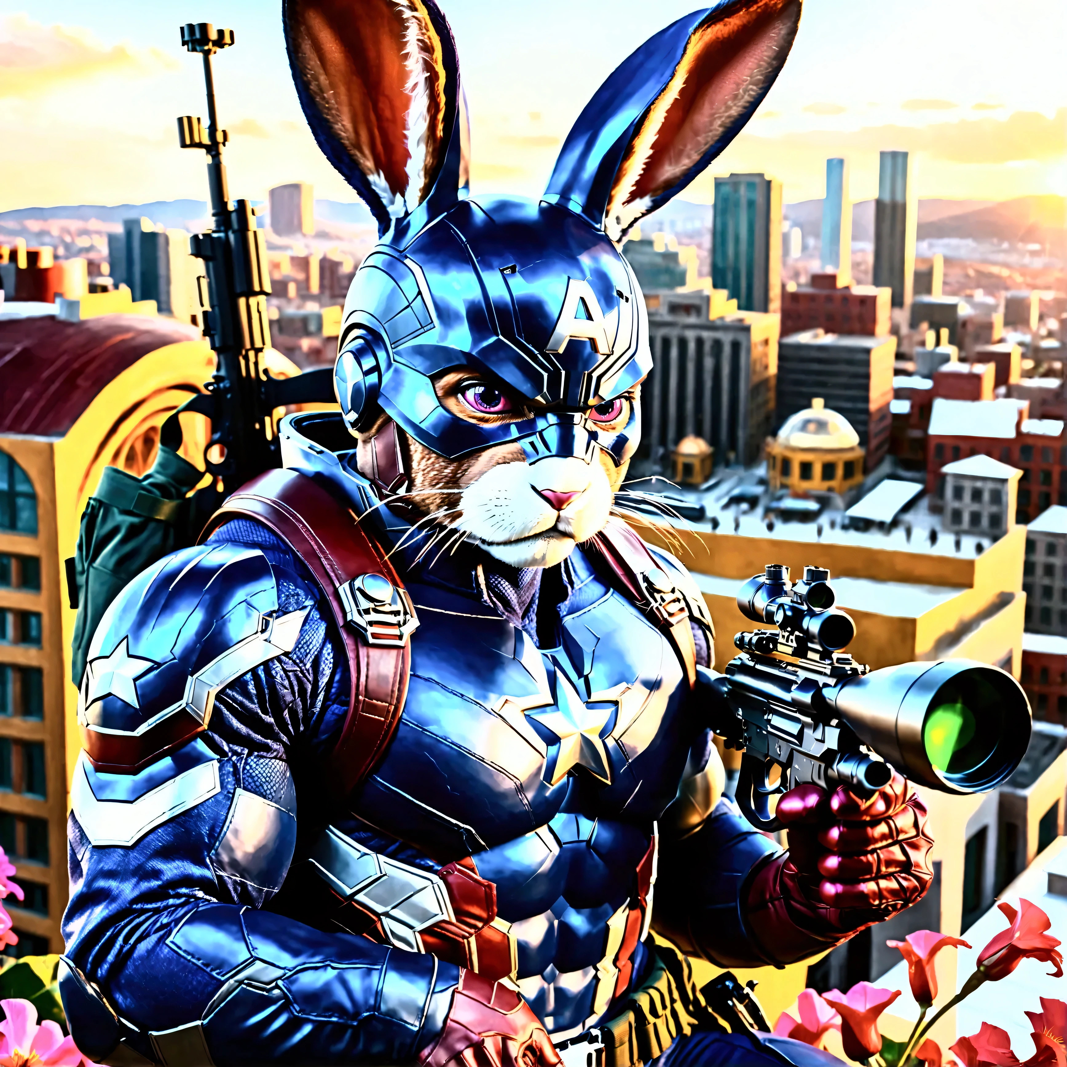 raw. nsfw.Tarantino style unparalleled "Will Smith" Hero as Captain America massive body-suit&Outfits, passive Shield scarlet Indigo Star sunflash reflection-light, ultra high-detailed face, ultra high-detailed face, ultra high-detailed eyes, ultra high-detailed suit, in style of Marvel&Dc, ultra high-realistic, + cinematic shot + dynamic composition, incredibly high-detailed, sharpen, ( ultra high-details + ultra high-details + evening with sunlight + perfectionism + award winning ultra high-realism ((moody lighting)),(Close-up of anthropomorphic bunny on roof and aiming with elite sniper rifle:1.3), (rifle has ornate handle:1.1), (stylish high-neck military jacket:1.1 open shoulder:off), (hard-leather gloves:1.1), (pants with pockets:1.2), (iron helmet:1.2), (background is futuristic city with flowers in front:1.1), (sunset beautiful cloudy twilight:1.2), (futuristic architecture with intricate Saturne-Skull design:1.2), vibrant dslr vivid bright colors, top masterpiece in maximum ultra high-resolution, ultra high-quality, ultra high-detailed, aesthetics, absurdes.