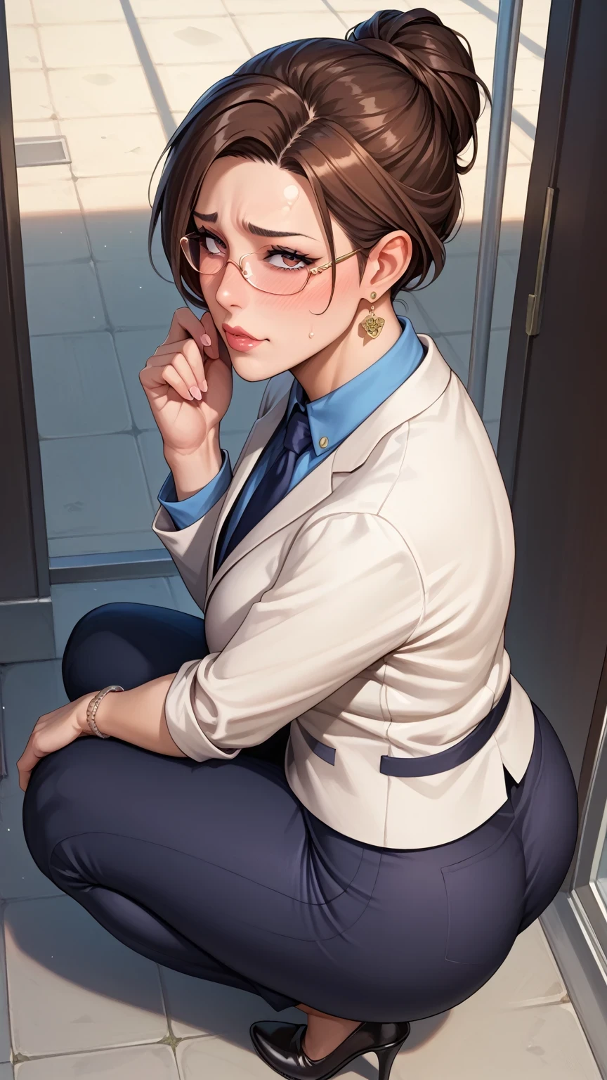 Score_9, Score_8_up, Score_7_up, Score_6_up, Score_5_up, Score_4_up, Source_anime, Tag1, Tag2, Best quality, High quality, Detailed, High resolution, 8k, Ultra high res, Soft saturation, Professional quality, Perfect contrast, Perfect litthing, Anatomically correct, Huge breasted, Wide hips, Gargantuan butt, Sensual woman, mature female, milf, motherly, Embarrassed, shy, seductive BREAK high-angle view, fully clothed, Squatting, leaning back