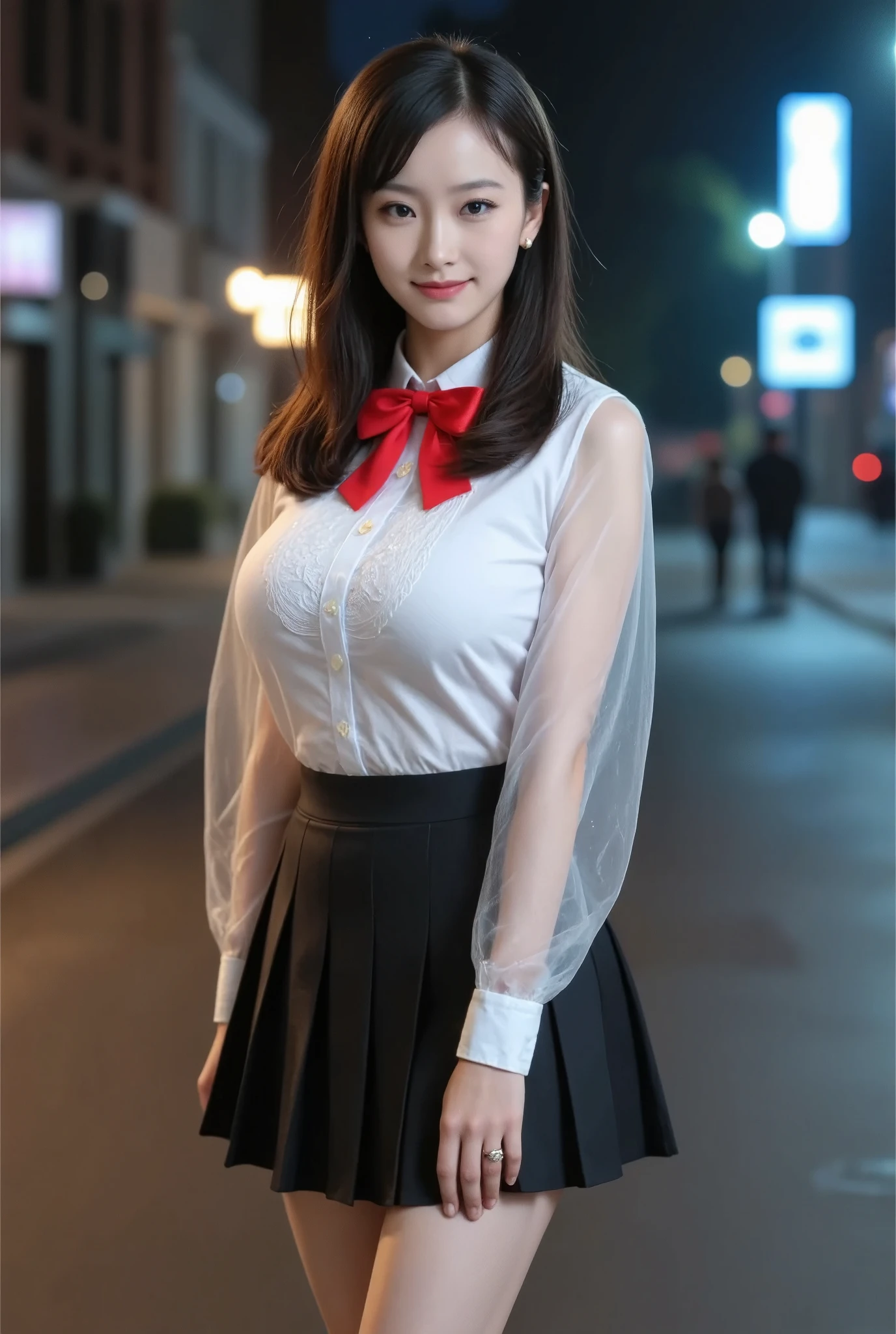 big breasts，In a mesmerizing night scene, an 18-year-old Korean idol singer radiates youthful charm while standing in the rain. She beams with high-definition beauty, her short ponytail hair and expressive brown eyes captivating under the spotlight. Wearing a Serafuku Japanese school uniform, knee-high socks, and a red bowtie, she complements her wet translucent white shirt tucked into the soft fabric of the pleated skirt. The camera captures a tight High Angle Shot, with professional lighting creating an intimate atmosphere. Bokeh effects add depth to the masterpiece, 