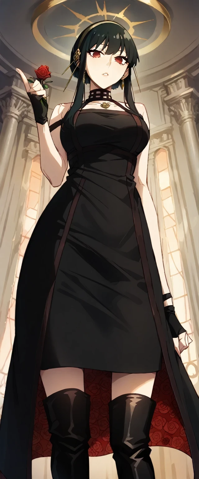 very beautiful, graceful, and fairly tall young woman with a slender, curvaceous frame. She has long, straight, black hair reaching her mid-back with short bangs framing her forehead and upturned red eyes she wear orm-fitting halter-style black dress that shows off her shoulders and chest, with a rose choker and a red rose pattern on the inside of her skirt. The front of the skirt is mid-thigh length, while the back reaches below her knees. She also wears a pair of black thigh-high boots with a rose symbol at the bottom of their sole and black fingerless gloves. The headband she wears is gold colored with a rose and two spikes on each side