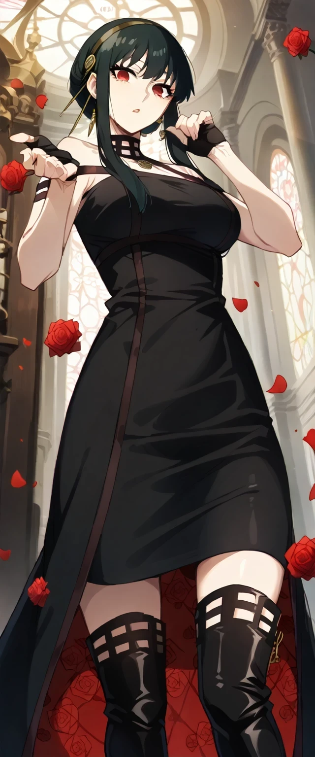 very beautiful, graceful, and fairly tall young woman with a slender, curvaceous frame. She has long, straight, black hair reaching her mid-back with short bangs framing her forehead and upturned red eyes she wear orm-fitting halter-style black dress that shows off her shoulders and chest, with a rose choker and a red rose pattern on the inside of her skirt. The front of the skirt is mid-thigh length, while the back reaches below her knees. She also wears a pair of black thigh-high boots with a rose symbol at the bottom of their sole and black fingerless gloves. The headband she wears is gold colored with a rose and two spikes on each side
