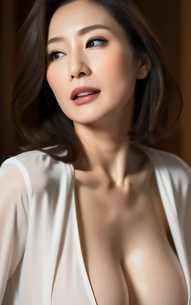 (Best Quality,8k,masterpiece),
mature woman,[Amorous,Portraiture,
Very beautiful face,Lip gloss, expression of ecstasy ,
Big Breasts,
elegant black suit, White shirt,