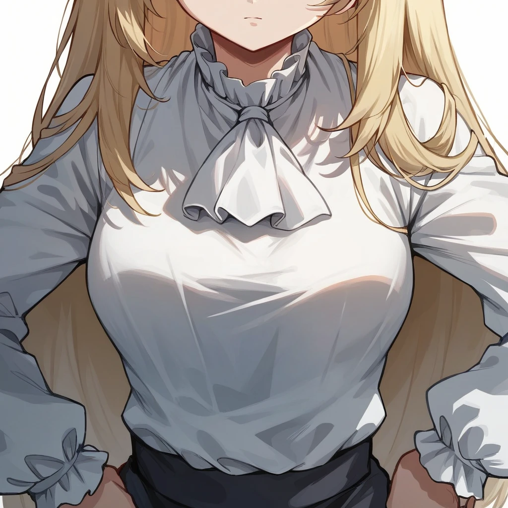 1girl, cloudy eyes, red eyes, white ruffle blouse, long sleeves, white ascot, black pants, dress pants, close-up, perfect body, perfect anatomy, white background, light blonde hair, long hair, hand on hip, looking at viewer, medium breasts, upper body in full view, 