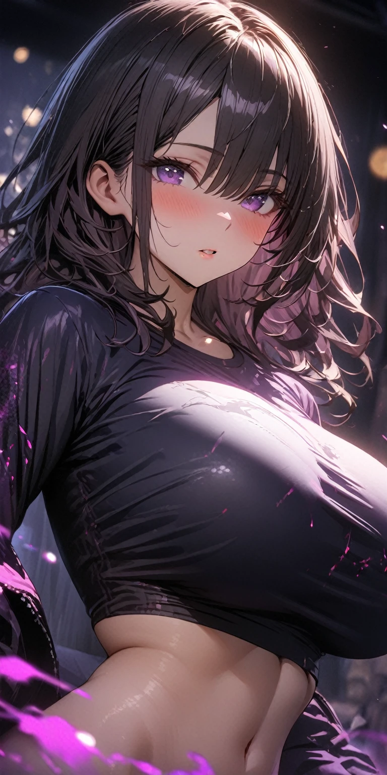 1 girl, messy wavy black hair, revealing cropped T-shirt, huge cut, bare bottom of the chest, upper body, (violet theme), biggest breasts, dark violet particles, (violet aura), best quality, 4k, 8k, highres, masterpiece:1.2, ultra-detailed, HDR, UHD, studio lighting, ultra-fine painting, sharp focus, physically-based rendering, extreme detail description, professional, vivid colors, bokeh, fantasy, concept art, moody lighting, lies