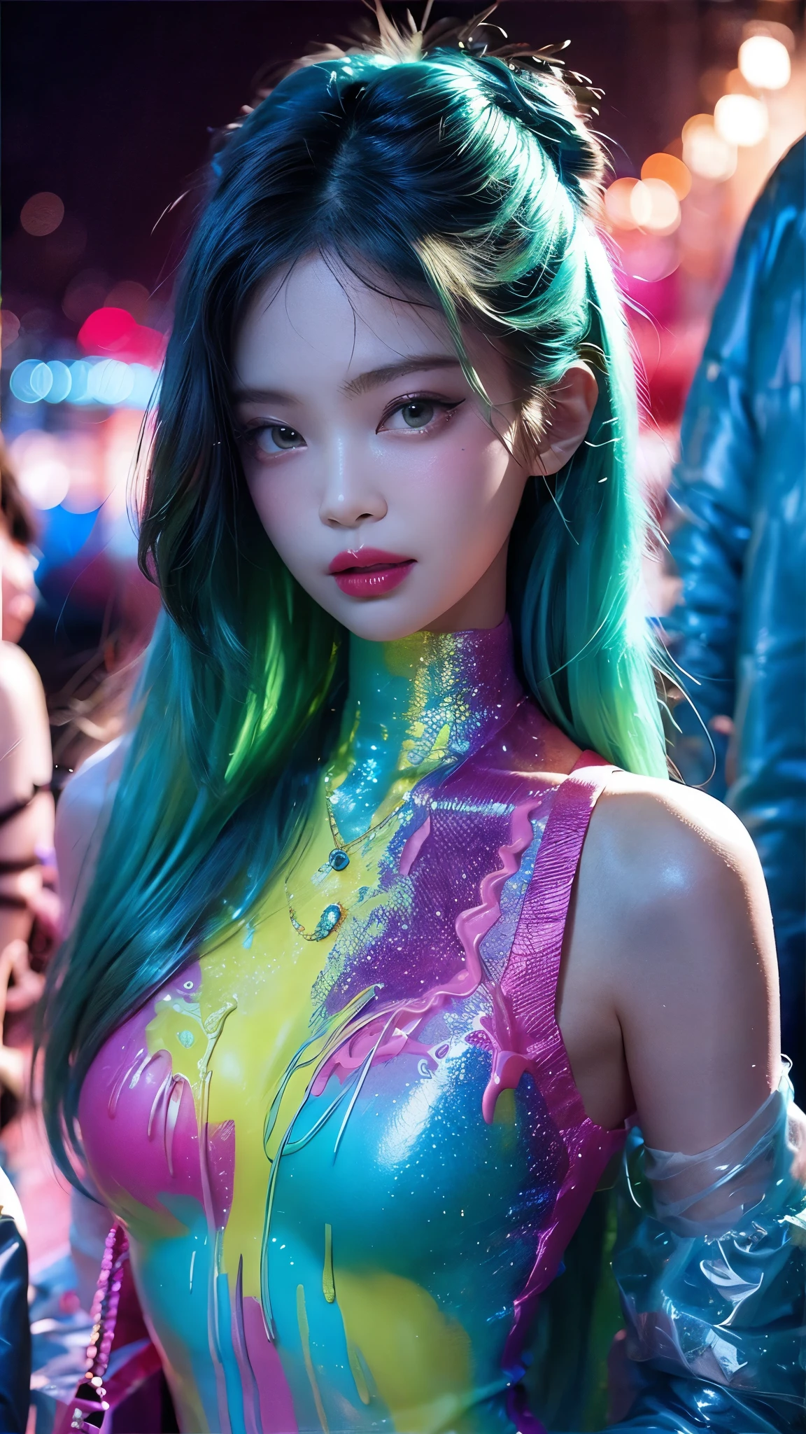Here's a prompt for an SD model: Studio shot of a stunning female model featuring colossal breasts, youthful skin, and vibrant twin tails. The subject wears a multicolor pleated leotard resembling shiny metallic ninja armor in bright tones. Her eyes sparkle under studio lighting as she poses with confidence. Focus on her upper body, showcasing the impressive bust in high resolution. No background distractions, just the model's captivating features.