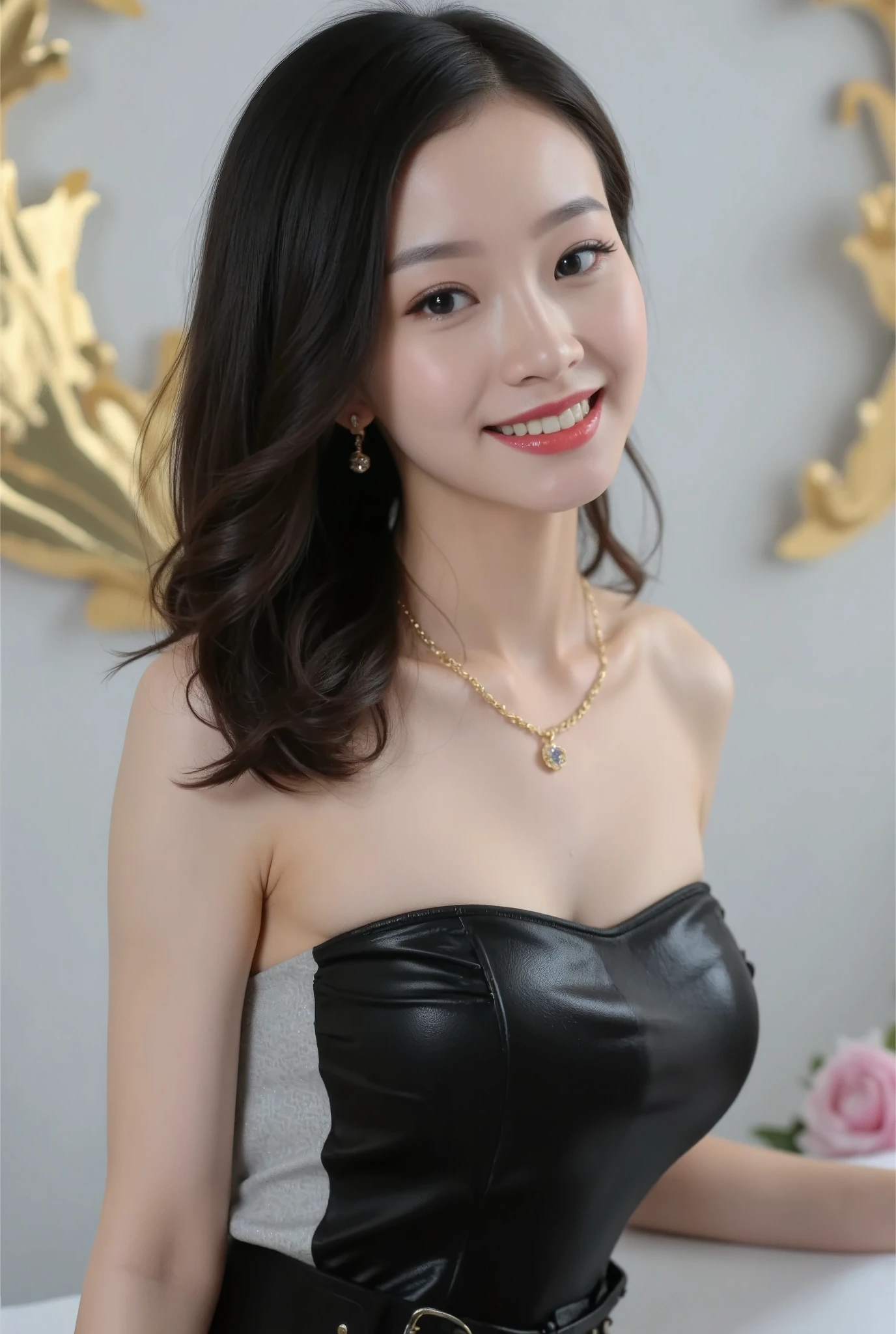 big breasts，Chinese actress poses for photos in front of a backdrop wall, wearing a black strapless dress and a gold necklace on a white background with a light gray textured fabric. The background is decorated with a Chinese-style cloud pattern and golden foil material. She smiles at the camera, showcasing a charming smile. Her face features exquisite makeup and bright red lips, creating an elegant atmosphere. 