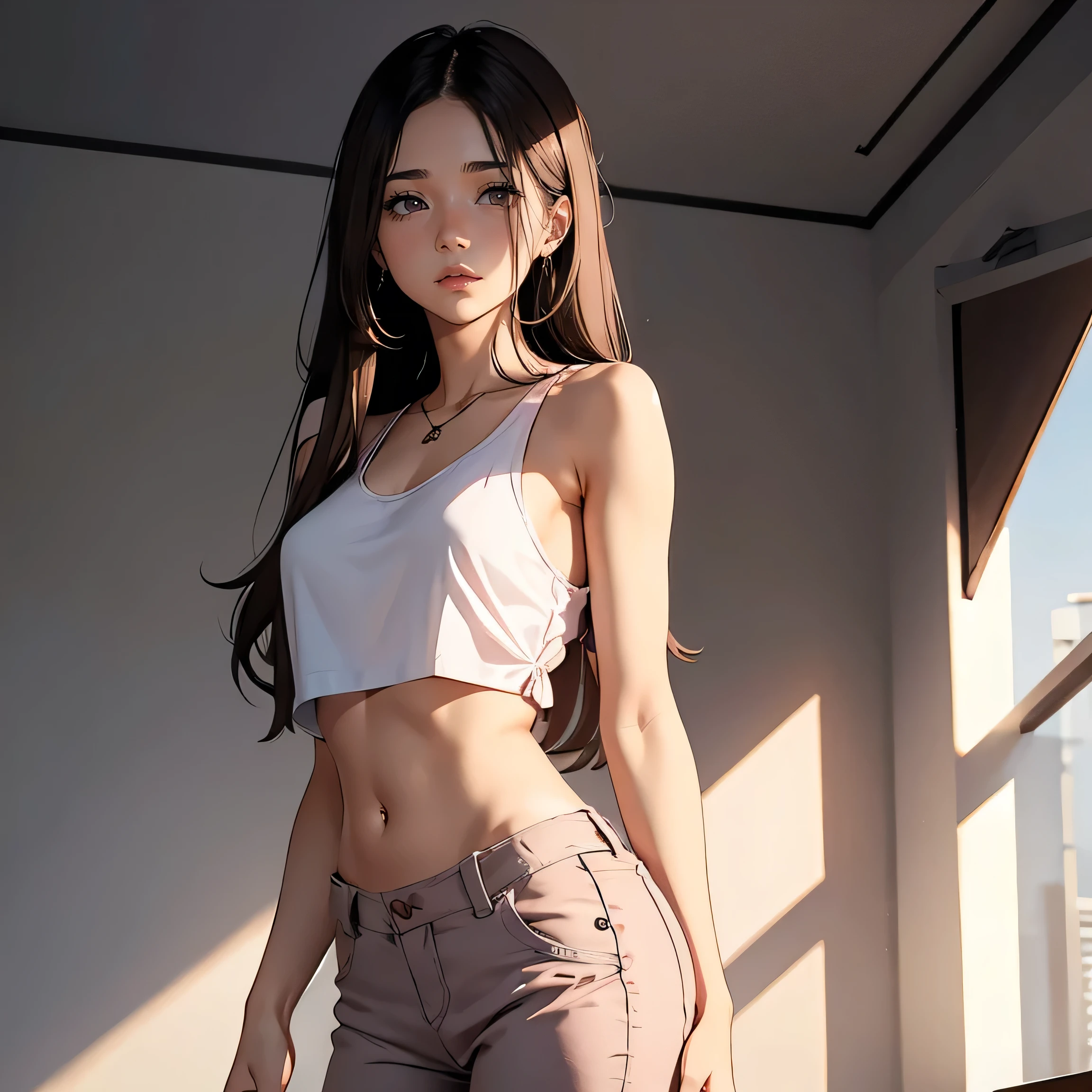 1 girl, white skin, mature, really long hair, brown hair with thick eyebrows, eyes with heterocomia, moles under the eyes, thirsty, bralette with ribbons, shorts with side slits, well built, small waist, widest thighs, wide thigh gap, one hip forward, standing, in coffee shop, taken from below, 8k, photorealistic