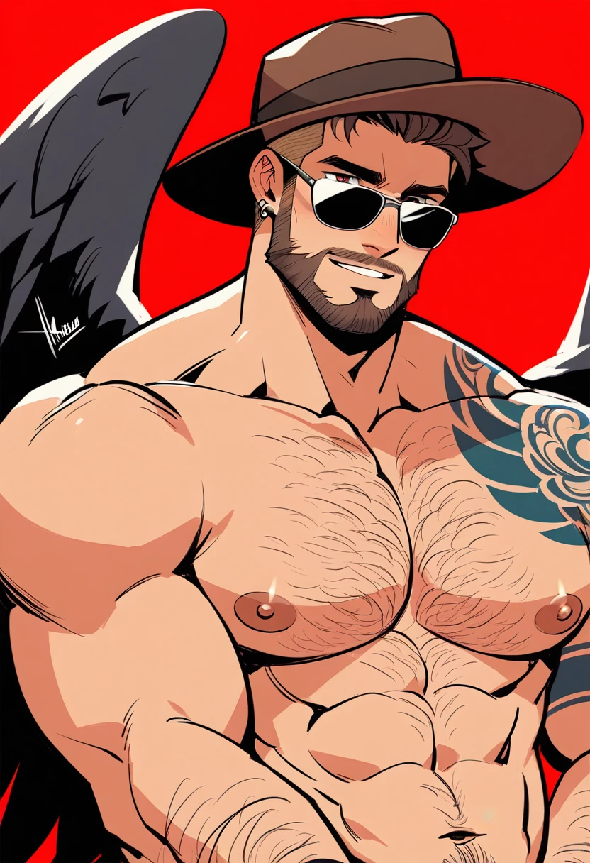 a bearded tattooed muscle cowboy with angel black wings posing naked, nsfw, muscular man, perfect anatomy, balanced anatomy, hairy, big chest, bdsm costume, black cowboy hat, sunglasses, big penis, handsome, lewd expression, muscular, short haircut, bearded, brown hair, piercings, angel black wings, red background, high resolution, high quality, masterpiece.