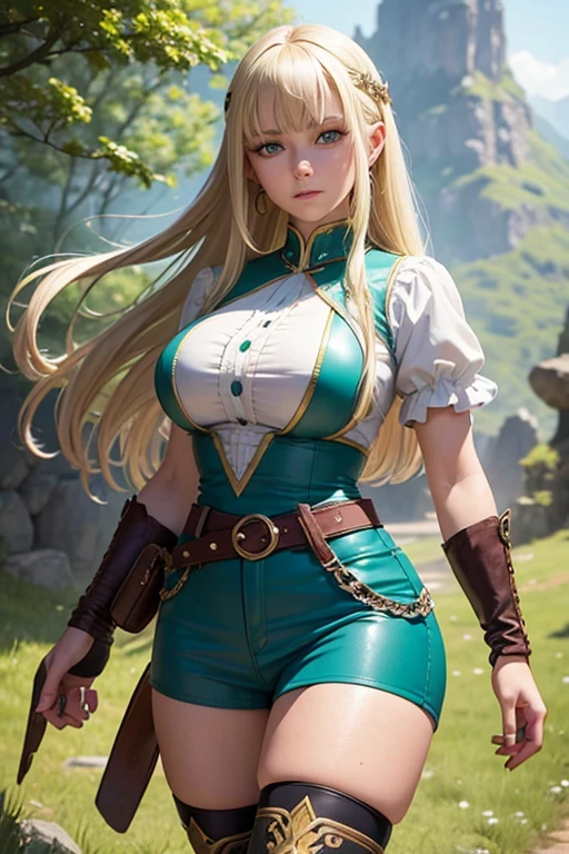 A detailed fantasy portrait of Yolanka, a young woman with delicate features, fair complexion, and a round face. She has pointed ears, emerald green eyes, thin lips, and is covered in long, silky blonde hair with two bangs. Her physique is athletic, with a large bust, wide hips, and thick thighs. She wears a short medieval-style embroidered top, a short sleeve manga-style shirt in blue, yellow leather shorts, a belt with pouches, short white gloves, and embroidered leather boots. The scene is set on a rope bridge over a deep gorge.