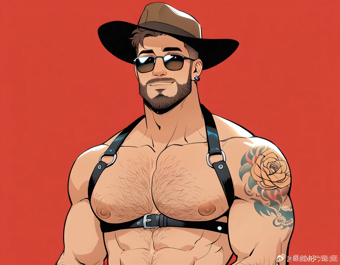 a bearded tattooed muscle cowboy posing naked, nsfw, muscular man, perfect anatomy, balanced anatomy, hairy, big chest, bdsm costume, Cowboy hat, sunglasses, big penis, black harness, handsome, lewd expression, muscular, short haircut, bearded, brown hair, piercings, red background, high resolution, high quality, masterpiece.