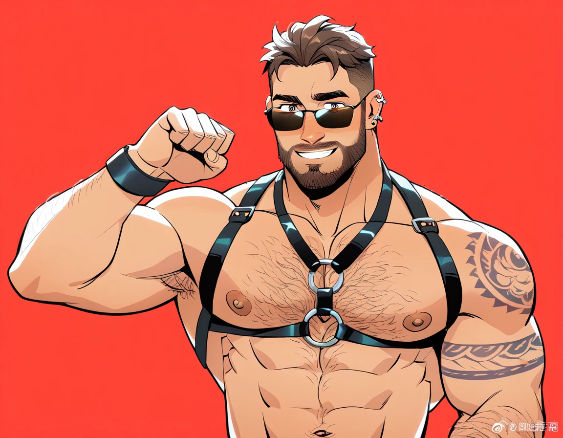 a bearded tattooed muscle cowboy posing naked, nsfw, muscular man, perfect anatomy, balanced anatomy, hairy, big chest, bdsm costume, Cowboy hat, sunglasses, big penis, black harness, handsome, lewd expression, muscular, short haircut, bearded, brown hair, piercings, red background, high resolution, high quality, masterpiece.