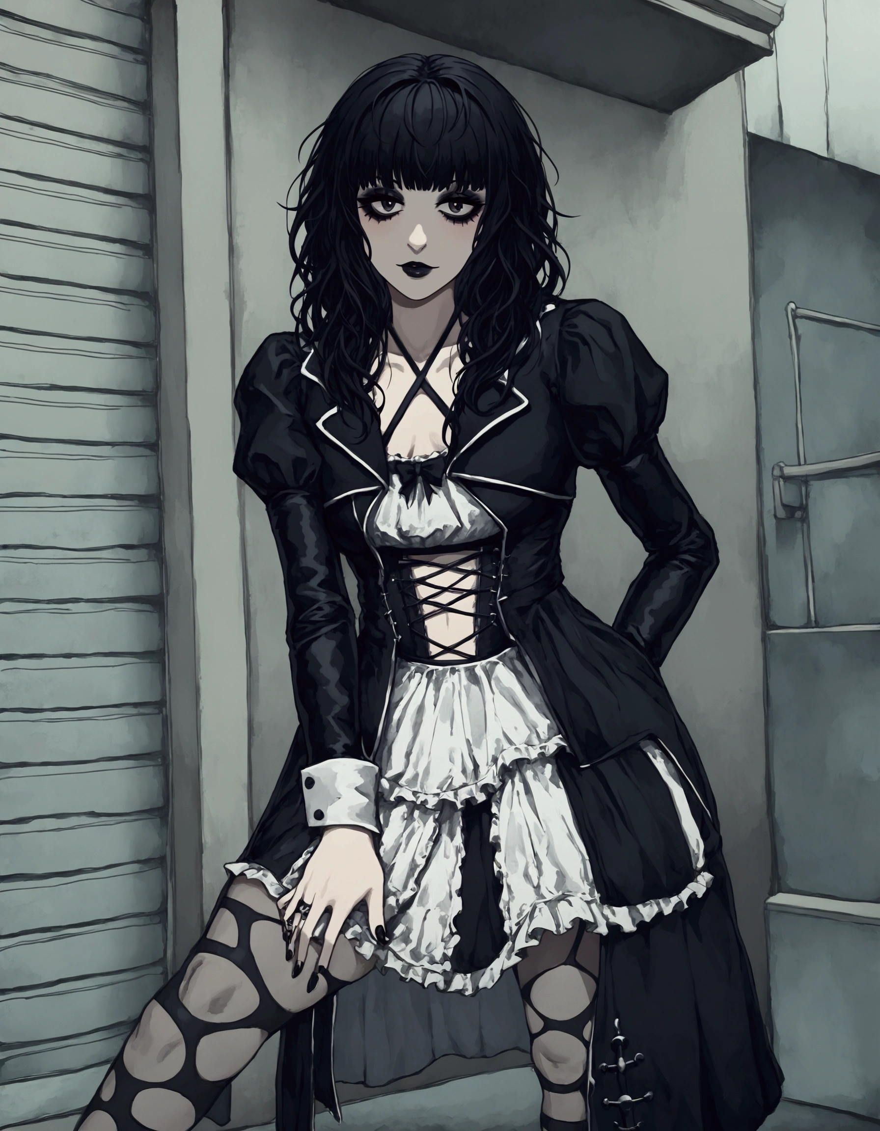 araffe dressed in a gothic outfit posing for a picture, black gothic jacket, witchcore clothes, gothic clothes, gothic clothing, gothic jacket, wearing modern gothic clothes, dark and horror style, gothic fashion, gothic horror vibes, 1 anime goth girl, wearing a gothic dress, goth punk clothes, gothic aesthetic, very beautiful goth top model