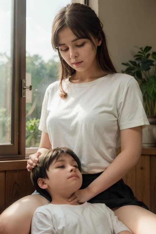 A young boy sitting on his mother's lap in a school, realistic, hyper detailed, high quality, intricate details, masterpiece, photorealistic, extremely detailed face and eyes, beautiful detailed lips, long eyelashes, tender expression, warm lighting, soft colors, intimate embrace, outdoor scene, plush bedding, sunlight filtering through windows, main focus mother and son, 1 woman has big thighs, mother and son's close relationship, where's the young boy at?, younger brother, shorts, black pattern skirt