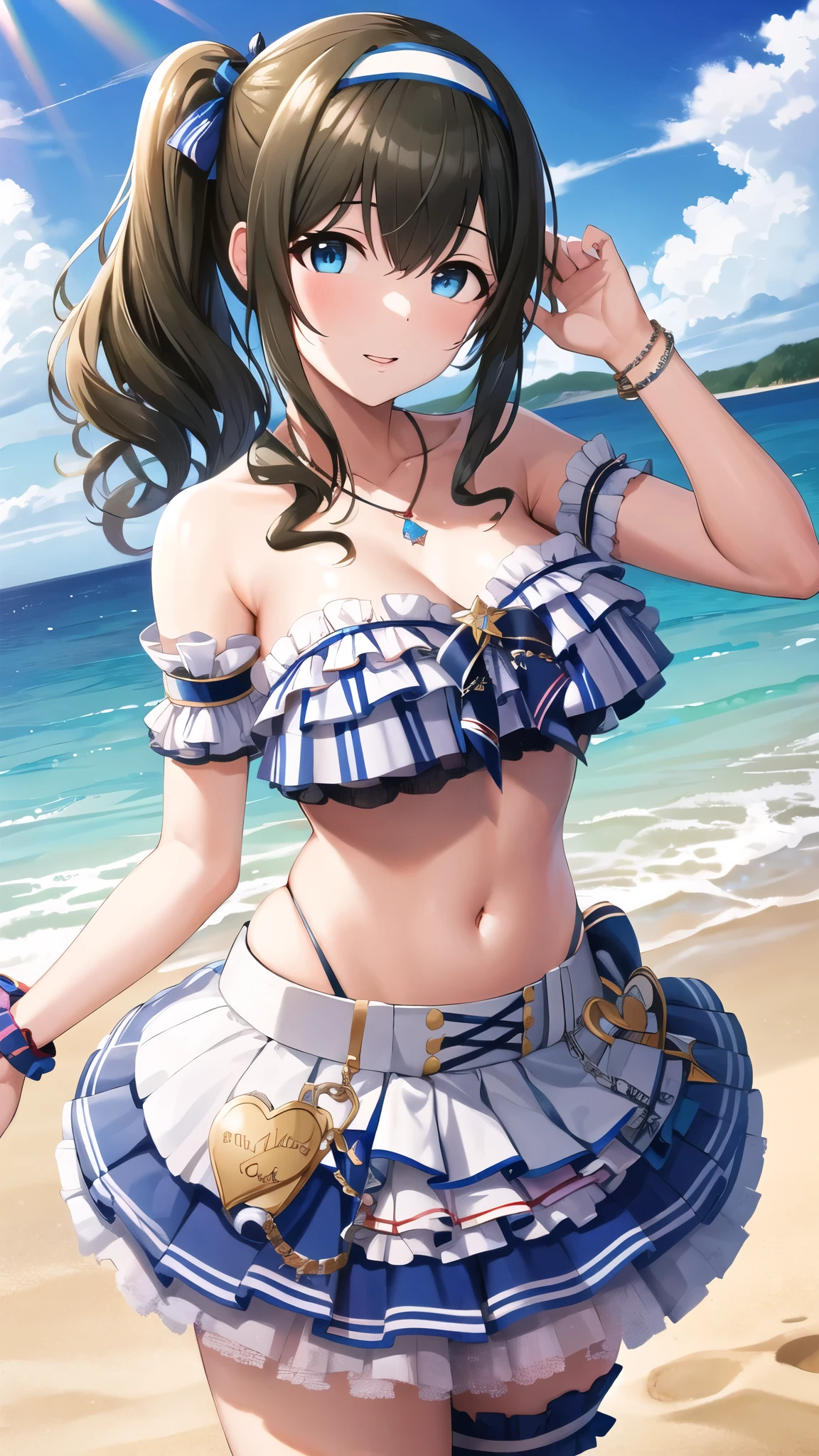 masterpiece, best quality, highres, ddfumika, idolmaster, side ponytail, hairband, hair ribbon, blue bowa, star hair ornament, sidelocks, large breasts, collarbone, necklace, strapless, frilled bikini, arm garter, single wrist cuff, midriff, layered skirt, bridal garter, standing, cowboy shot, beach,