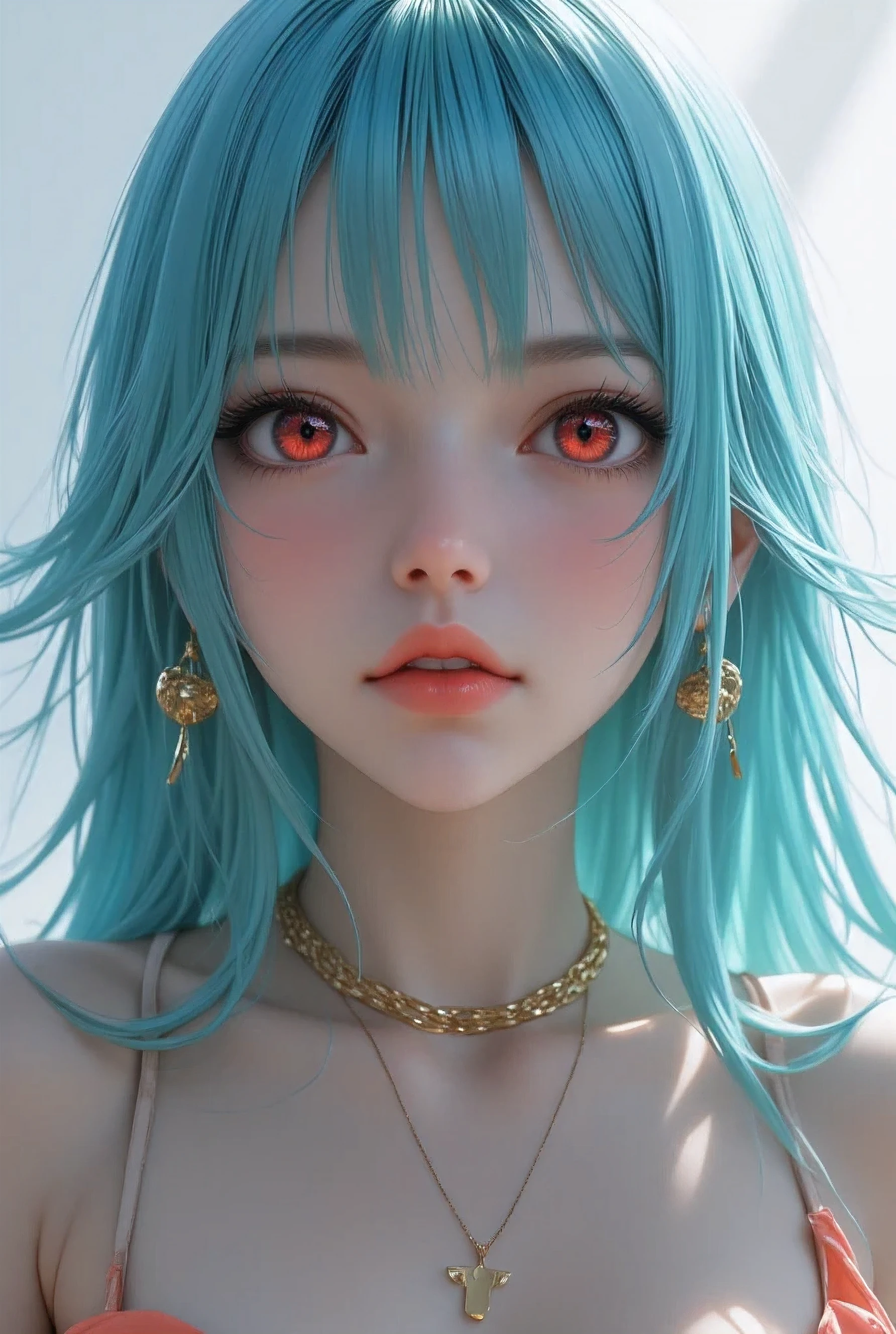 moody lighting, cute girl, (platinum blue hair), ((drill hair)), perfect face, smug smile, (glowing red eyes), (naked), (petite), (slender), (tiny breasts), (flat chest), ((18 years old)), skindentation, extreme detail, attractive oval face, pink lips, pink nipples, glossy skin, detailed hair, face focus, close-up chest, gold ornamental necklace, earrings, (1 girl),