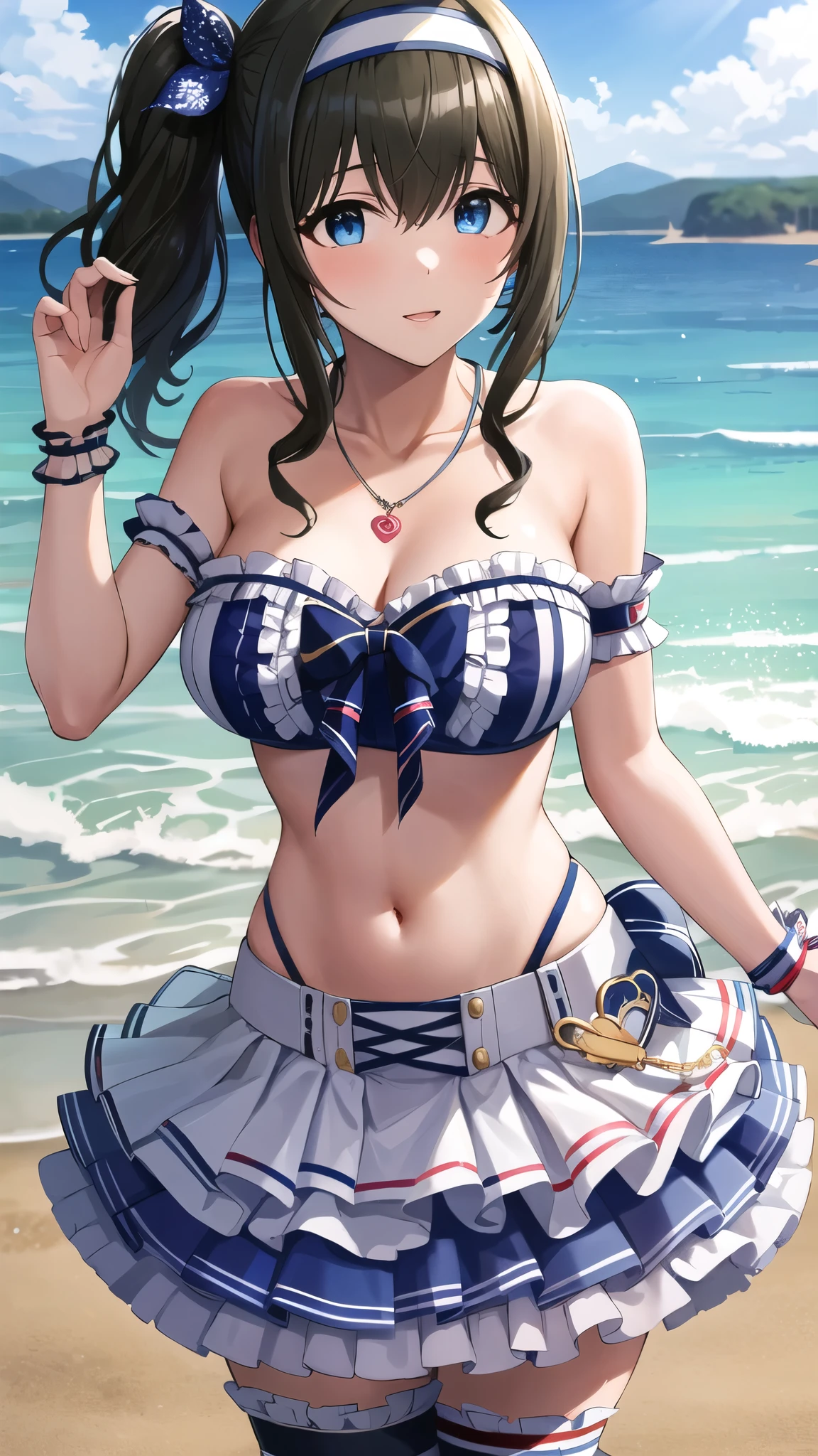 masterpiece, best quality, highres, ddfumika, idolmaster, side ponytail, hairband, hair ribbon, blue bowa, star hair ornament, sidelocks, large breasts, collarbone, necklace, strapless, frilled bikini, arm garter, single wrist cuff, midriff, layered skirt, bridal garter, standing, cowboy shot, beach,