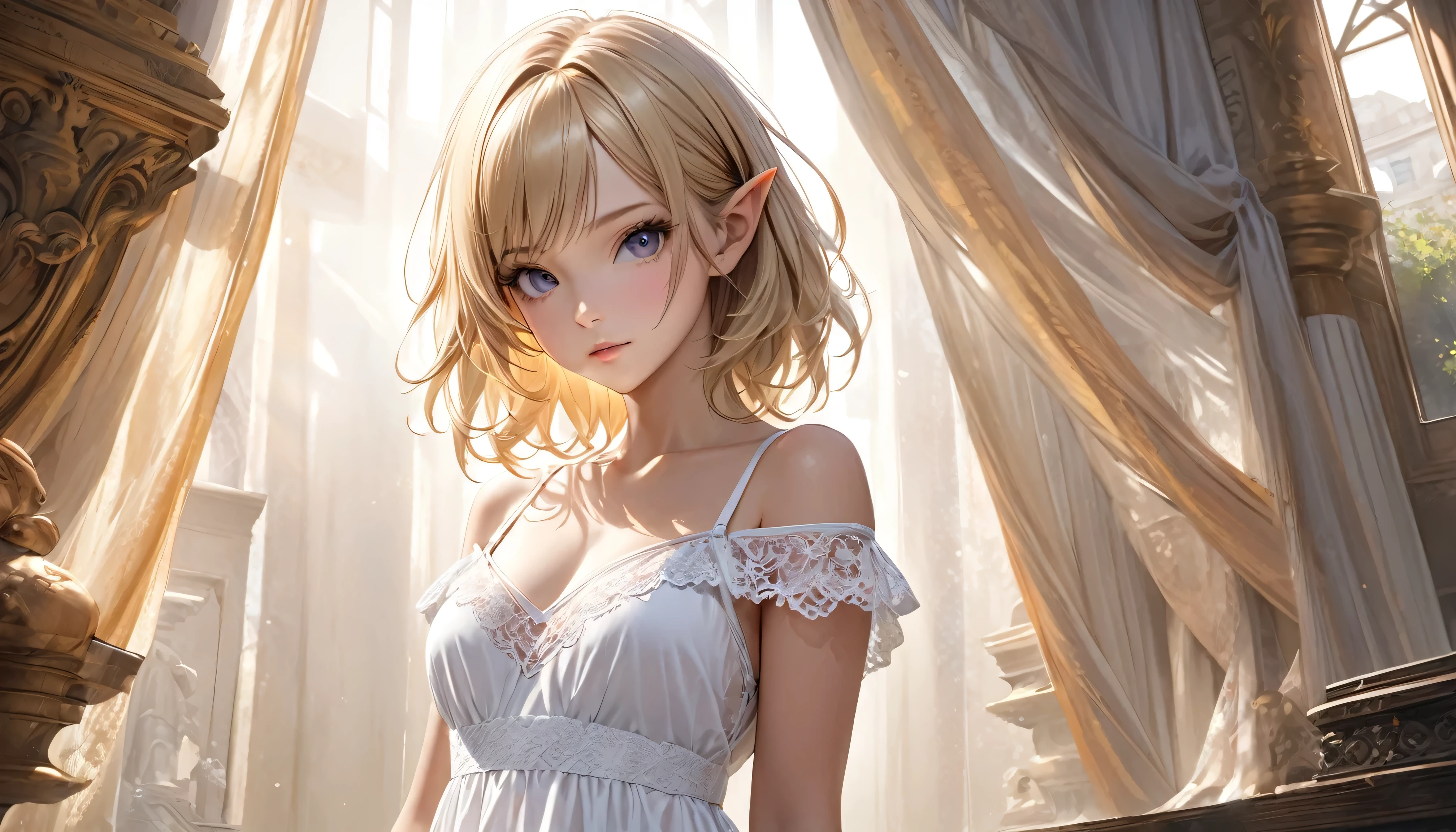 (masterpiece), (best quality), (detailed), large eyes, detailed eyes, (1girl, solo, single girl), young elf girl, perfect body, blonde hair, long  curly hair, defined chest, ((looking at viewer)), defined collarbone, ultra realistic, photorealistic, detailed, white Off The Shoulder Lingerie Dress, Detailed background