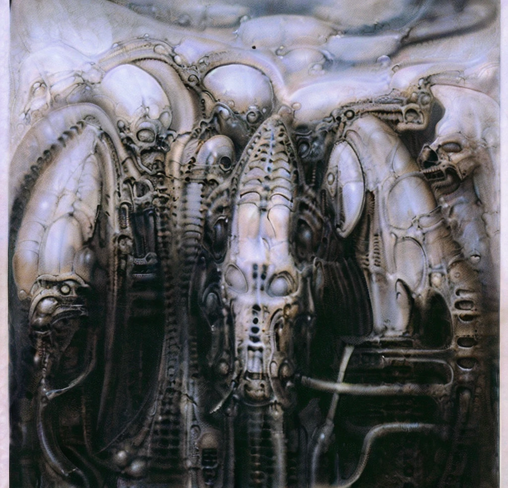 g1g3r, The image is a detailed view of H.R. Giger's biomechanical tableau \" Landscape XVI \" plate, featuring
surrealistic painting of a monster with multiple tentacles and a body that looks like a brain, surrounded by a chaotic scene of swirling clouds and other monsters.
 It's a complex network of bones and organs in eldritch color scheme:a greenish-brown hue ,swirling gery and brown colors. The artwork is silverish and green brown, with an ivory bones prominently displayed. The image is highly detailed and intricate, almost like a 3d version of a medical sketchwork.   
 
This tableau is an artwork featuring a close-up of a creature that resembles a caterpillar with a white head, surrounded by a complex network of lines and shapes.
Biomechanical landscape by Hans Rudie Giger composed of fossilized and mummified alien life forms. Image depicts a strange and eerie, combines biological and mechanical ,managed  to dreamlike quality. These shapes suggest fossilized mummified alien life forms. Central mummy structures and what appears to be a spines of ivory in the foreground are the most identifiable organic elements. The mechanical elements are evident in the wires and tubes emanating from the creatures. In the background shapes are visible that could be interpreted as other fossilized or mummified alien life.
Light source from the top highlights skeletals, upper part of foreground, lower part of image is in shadow.
The piece is a tableau, most likely created with a India ink pen or pencil on paper, determined by the thin lines, shading techniques, and the texture of the paper, which is visible around the edges.
Used is pen, given the shading and variations in line weight visible in the image. Artist have used a variety of stylus with different degrees of hardness to achieve the shading effects.
 The use of undersaturated green-grays dark contrasts creates a stark and graphic look. Is used a variety of linework techniques to create different textures.  