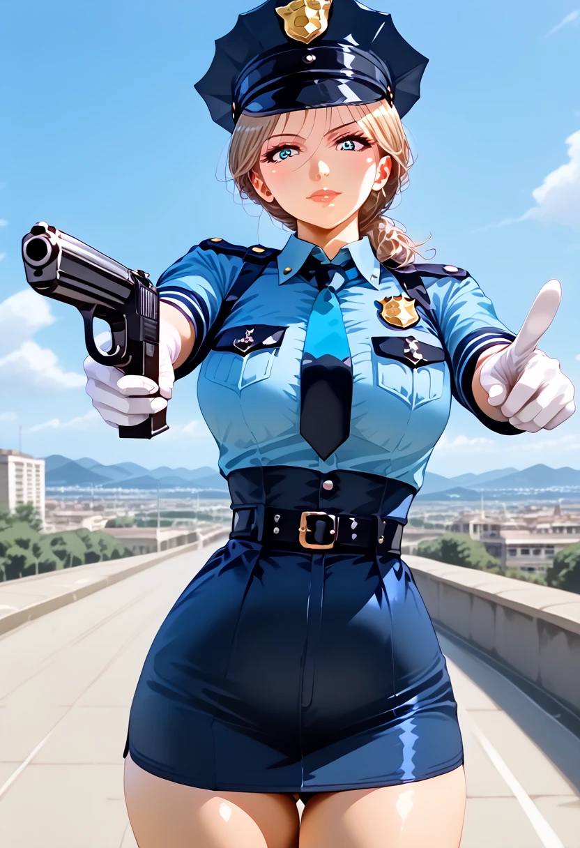 (((perfect anatomy, super detailed skin))), policewoman, shiny skin, big breasts:0.5, looking away, searching for, beautiful face, beautiful detailed eyes , (by the wide:1.5, two tails:1.7), by the ruby, with beautiful detailed eyes, ((dark blue eyes)), solitary images, beautiful body, beautiful thighs, nice legs, baby face, mole under the eye, ((policewoman uniform, light blue short-sleeved shirt, Navy blue tie, high waist miniskirt), belt, white gloves, police hat, (((pointing at the viewer, sosteniendo una pistol, pistol))), , (beautiful landscape), wilderness, city on fire, 8K, de primera calidad, masterpiece:1.2, extremely detailed), (realistic, photorealistic:1.2), Beautiful illustration, cinematic lighting.
